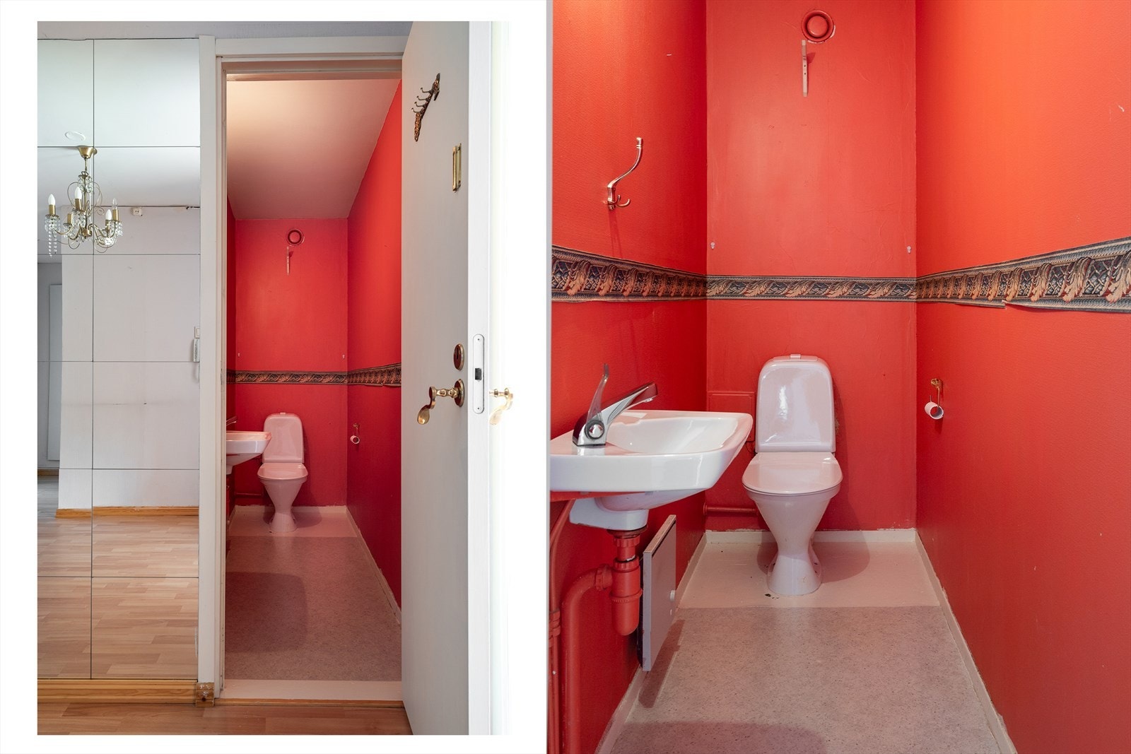 Det er bad og wc-rom i leiligheten, sistnevnte med servant og toalett. Galleribilde