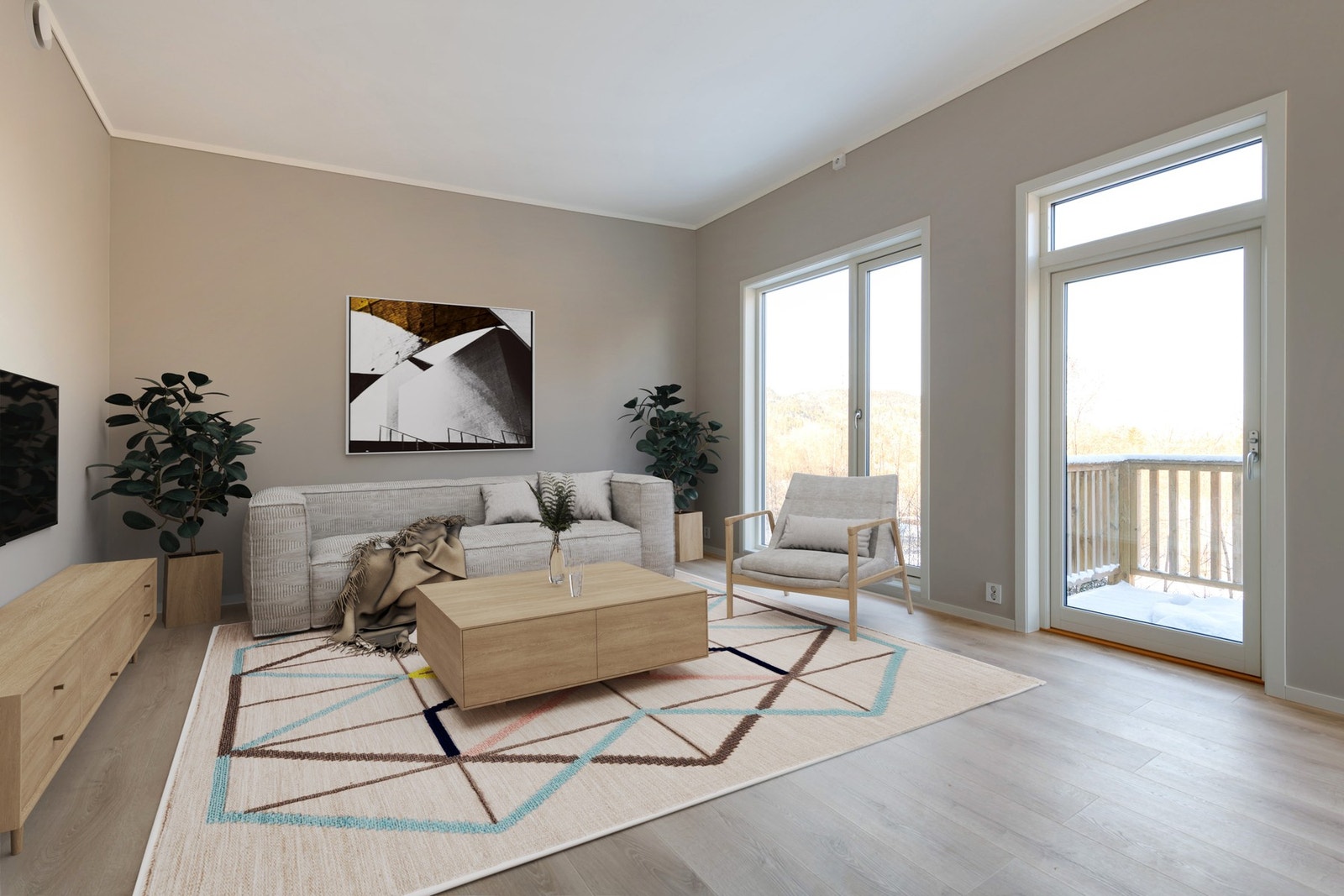 Nydelig og lys stue med utgang til veranda. Galleribilde