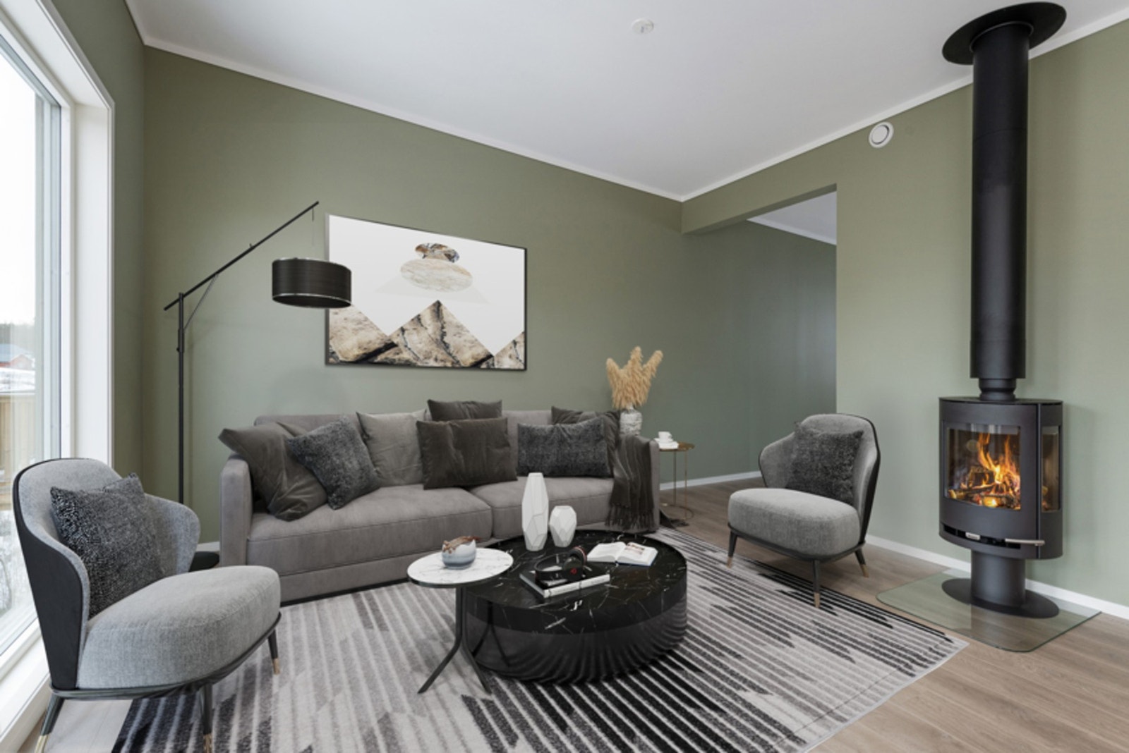 Dette er et eksempel på ildsted som er valgt av en av de solgte boligene på feltet. Denne løsningen kan også kjøpes mot et tillegg. Galleribilde