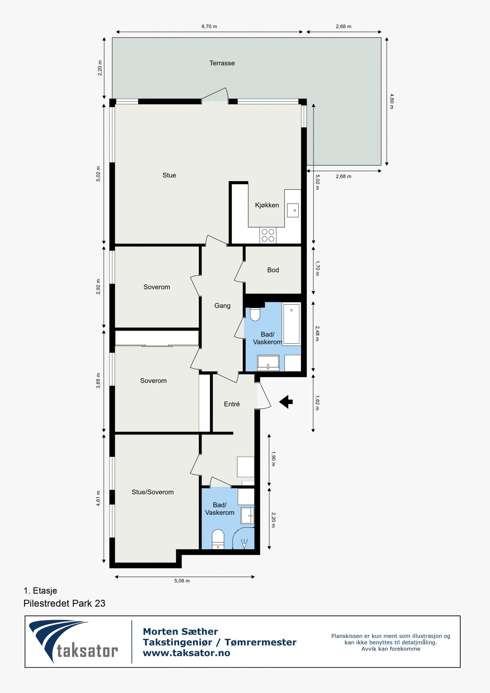 Plantegning. Kjøkken i hybeldel og branndør mellom hybel og leilighet kan tilbakestilles om ny eier ønsker. Branndøren er tatt vare på av selger og kan settes inn igjen. Galleribilde