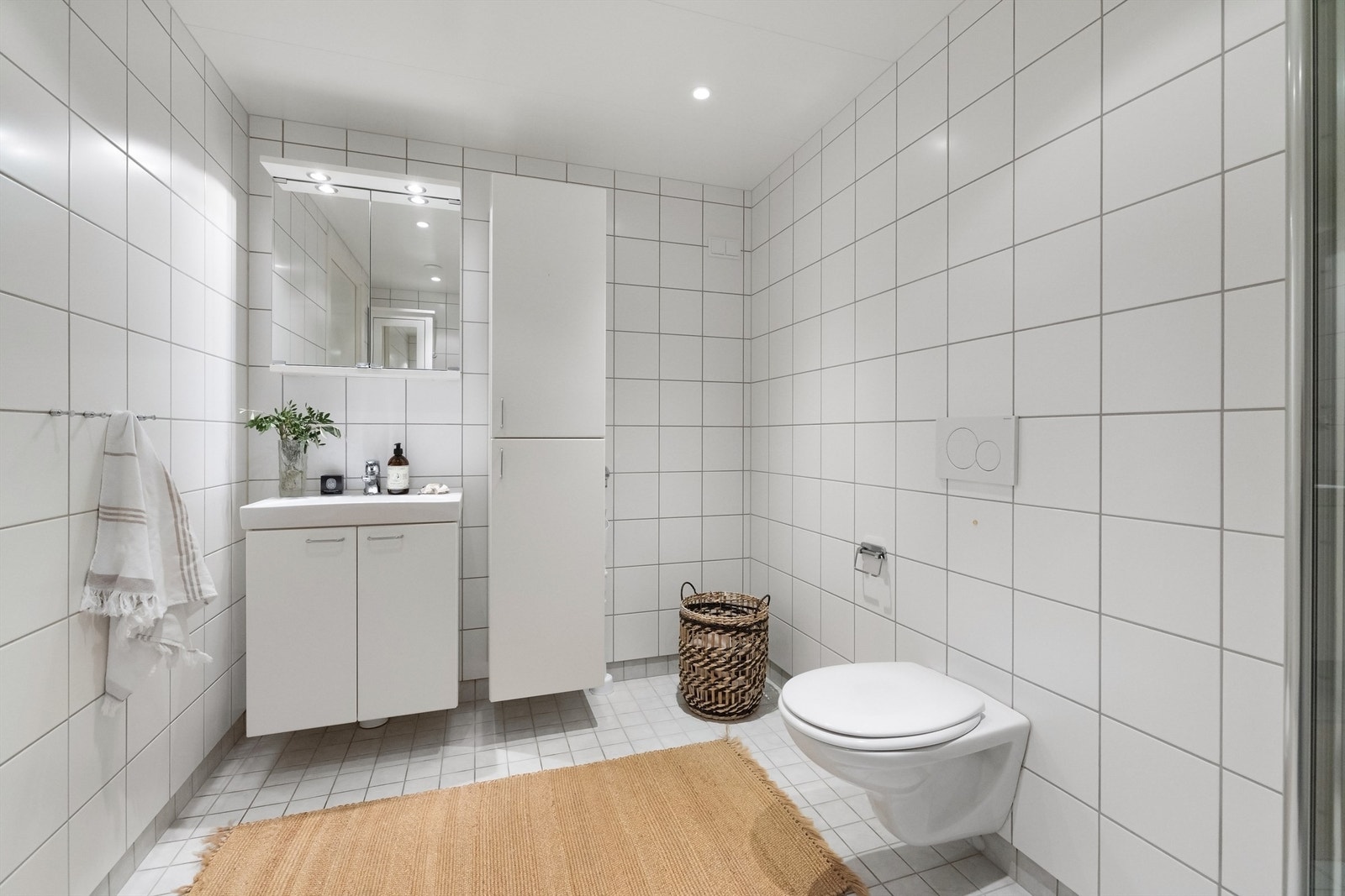 Vegghengt servantinnredning med dører og ett-greps armatur. Vegghengt speilskap med overlys og stikkontakt Galleribilde