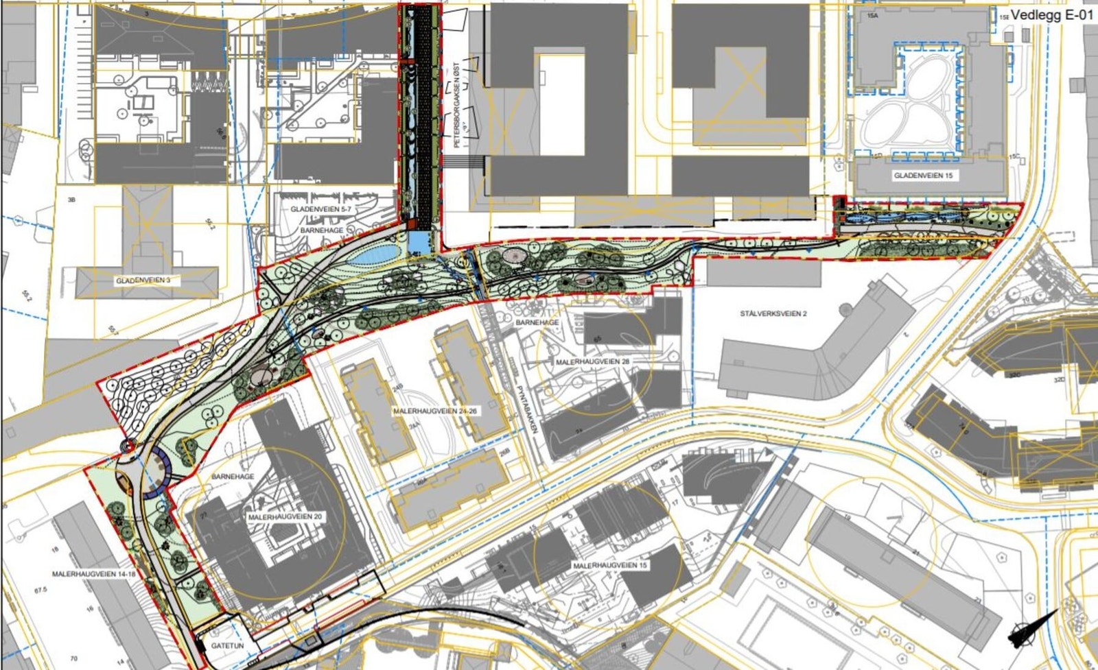 Skisse over Østre Parkdrag. Her kommer turvei, grusstier, granittdekke, bekkekanal med belysning og møblering, samt en liten dam. Galleribilde