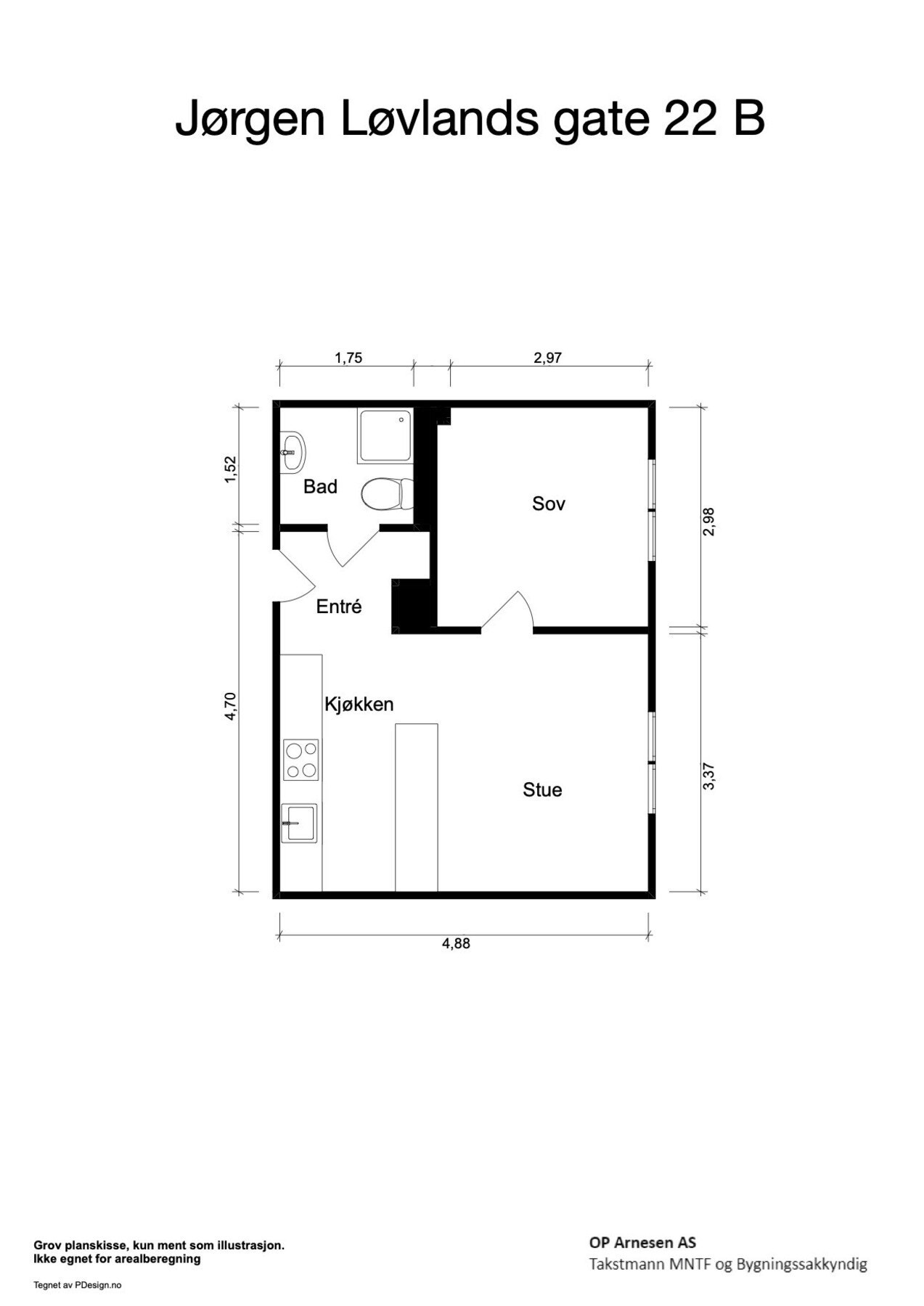 Plantegning med mål. Boligen ligger i byggets 3. etasje. Galleribilde
