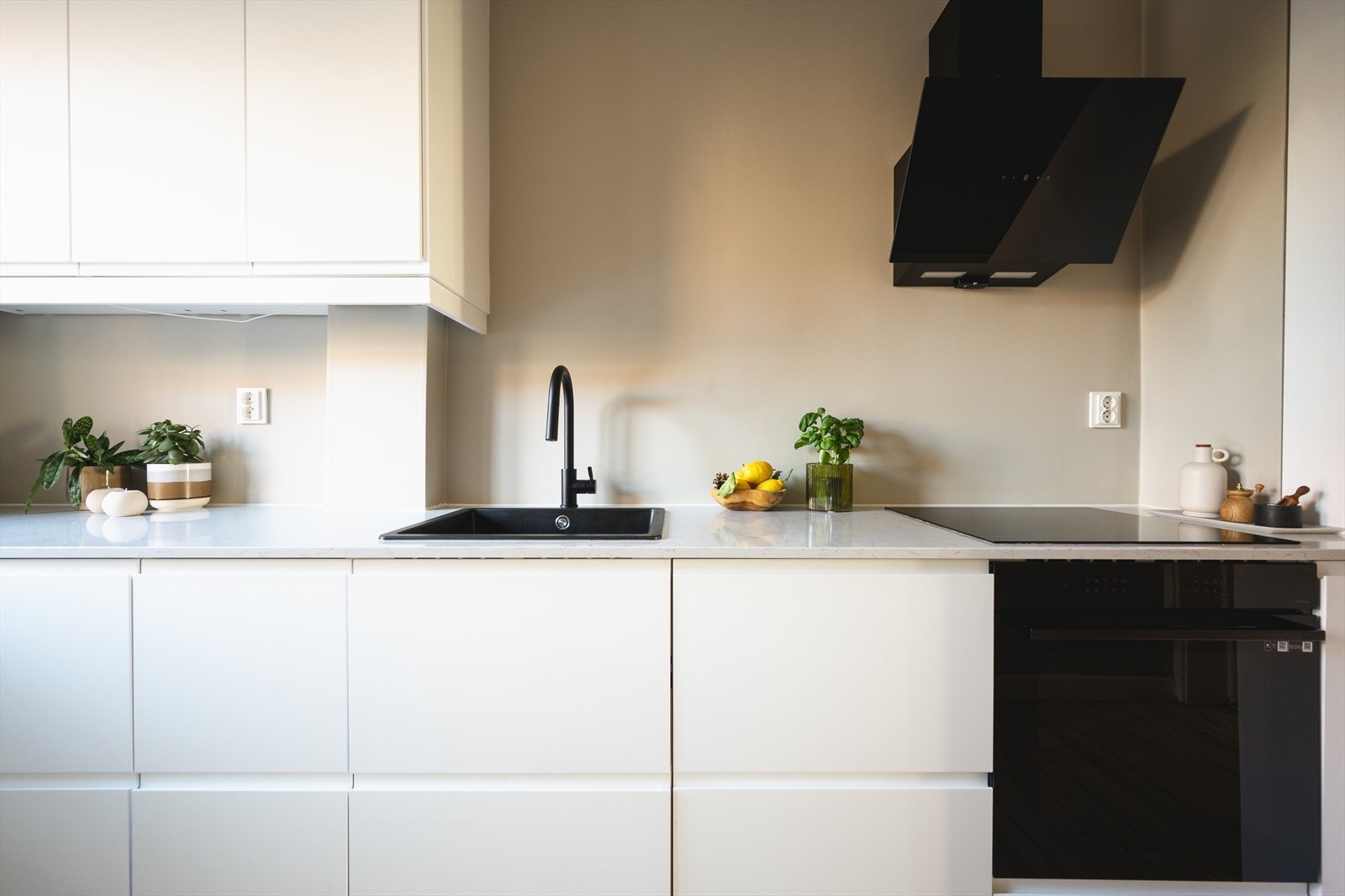 Hvitevarene er integrerte, og består av platetopp, stekeovn, oppvaskmaskin og kjøl/fryseskap. Kullfilterventilator over stekesonen. Galleribilde