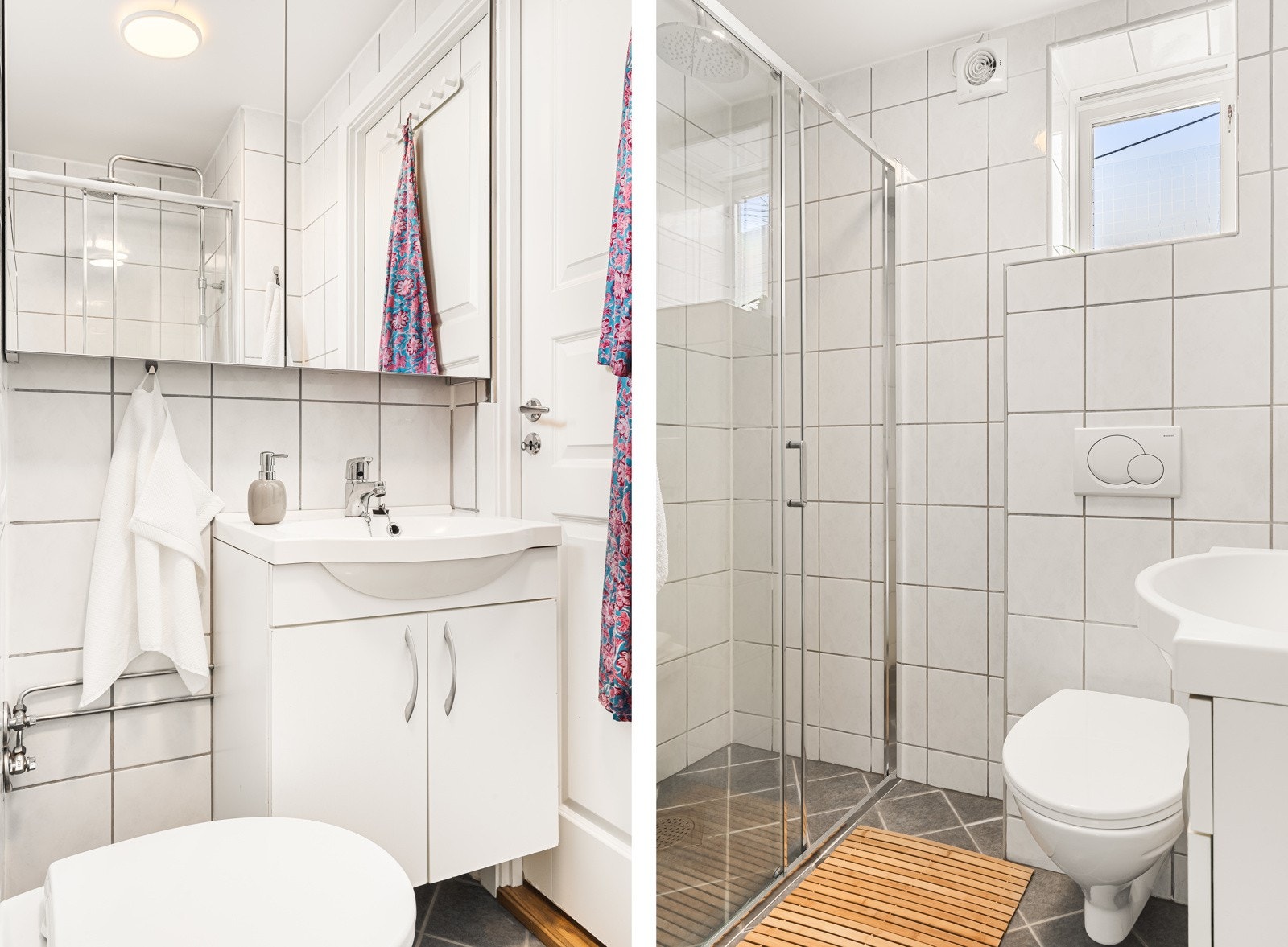 Badet er helfliset med varmekabler i gulv. Rommet er innredet med dusjnisje med skyvedører, vegghengt toalett og baderomsinnredning. Galleribilde