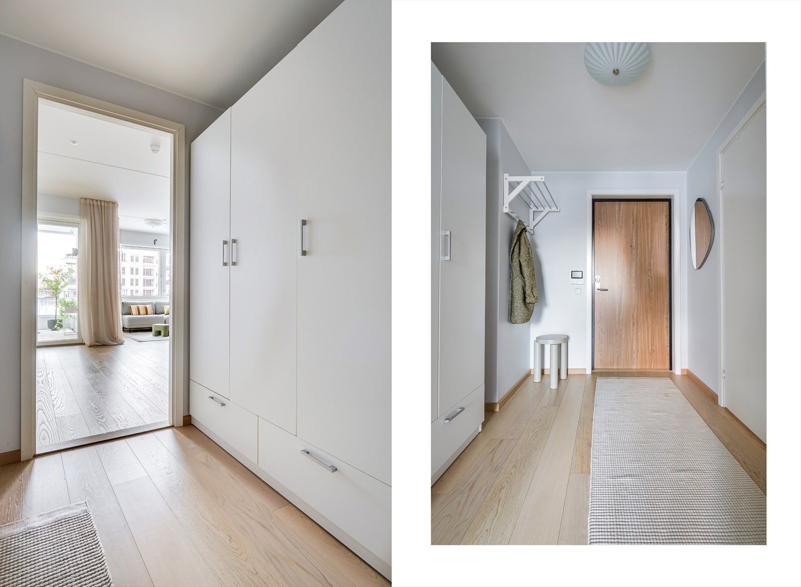 En lys og hyggelig entré ønsker deg velkommen inn. Klesoppvaring for yttertøy og sko i romslig garderobe. Leiligheten disp. også en kjellerbod på ca. 3,1 m2. Galleribilde