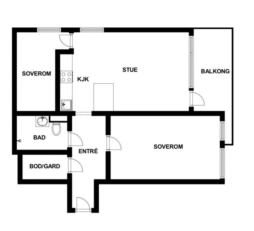Planskisse. Leiligheten disponerer i tillegg loftsbod og kjellerbod. Galleribilde