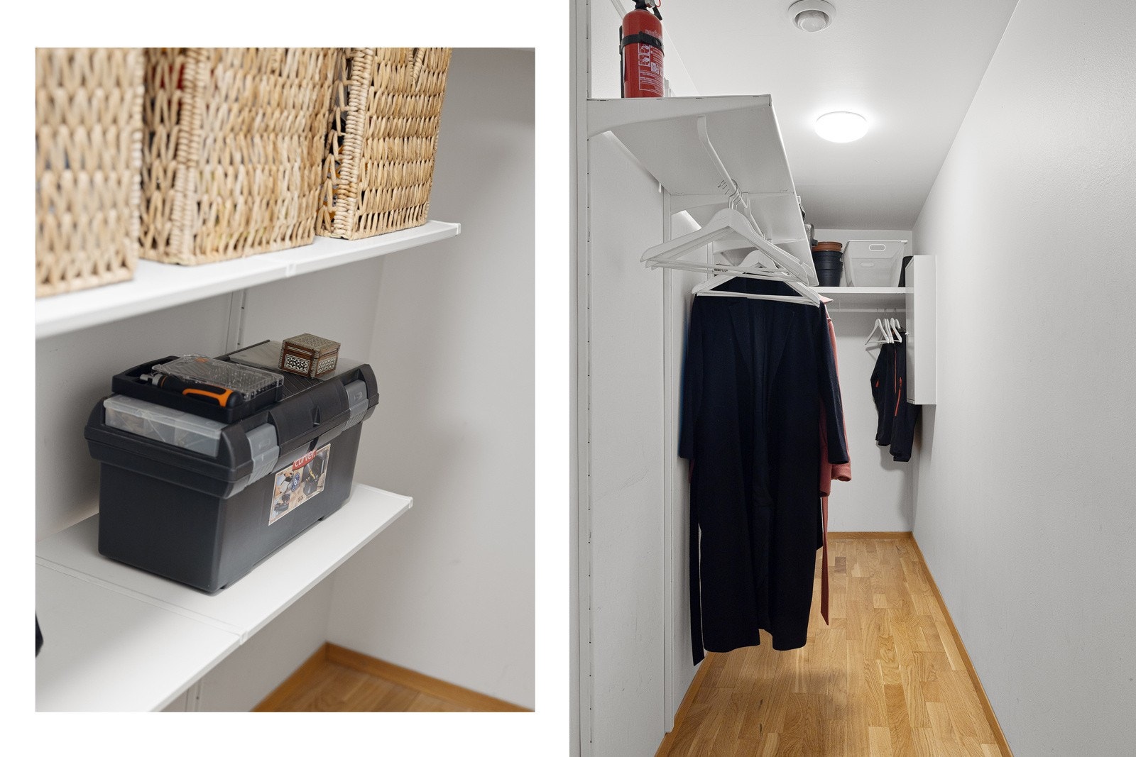 Praktisk innvendig bod fra gang. Boden er utstyrt med hyller, samt oppheng for jakker m.v. Boligen disponerer også en kjellerbod på ca. 3,5 kvm Galleribilde