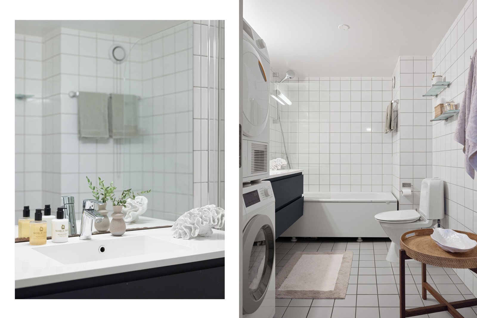 Videre har badet dusj i badekar med dusjvegg, veggmontert, servantinnredning og gulvstående klosett Galleribilde