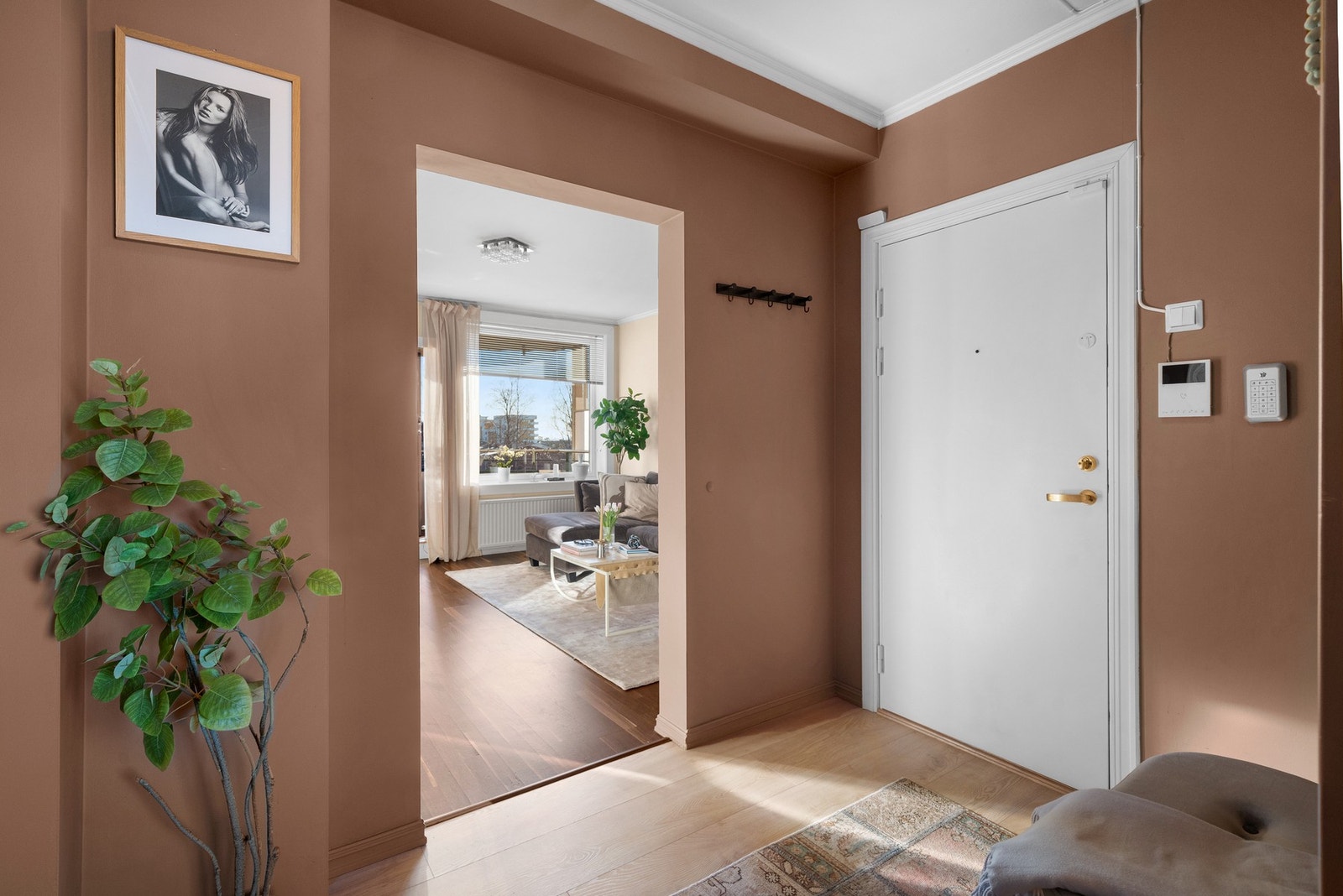 Velkommen inn i et hyggelig inngangsparti med en varm og innbydende atmosfære. Galleribilde