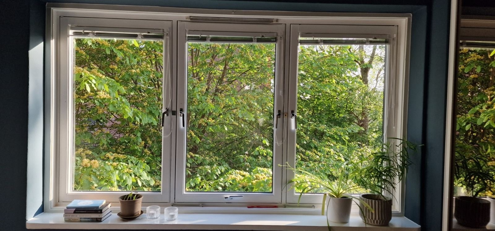 Privat bilde fra selger. Utsikt fra soverommet under vår og sommerhalvåret. Her er du skjermet fra innsyn og våkner i grønne omgivelser Galleribilde