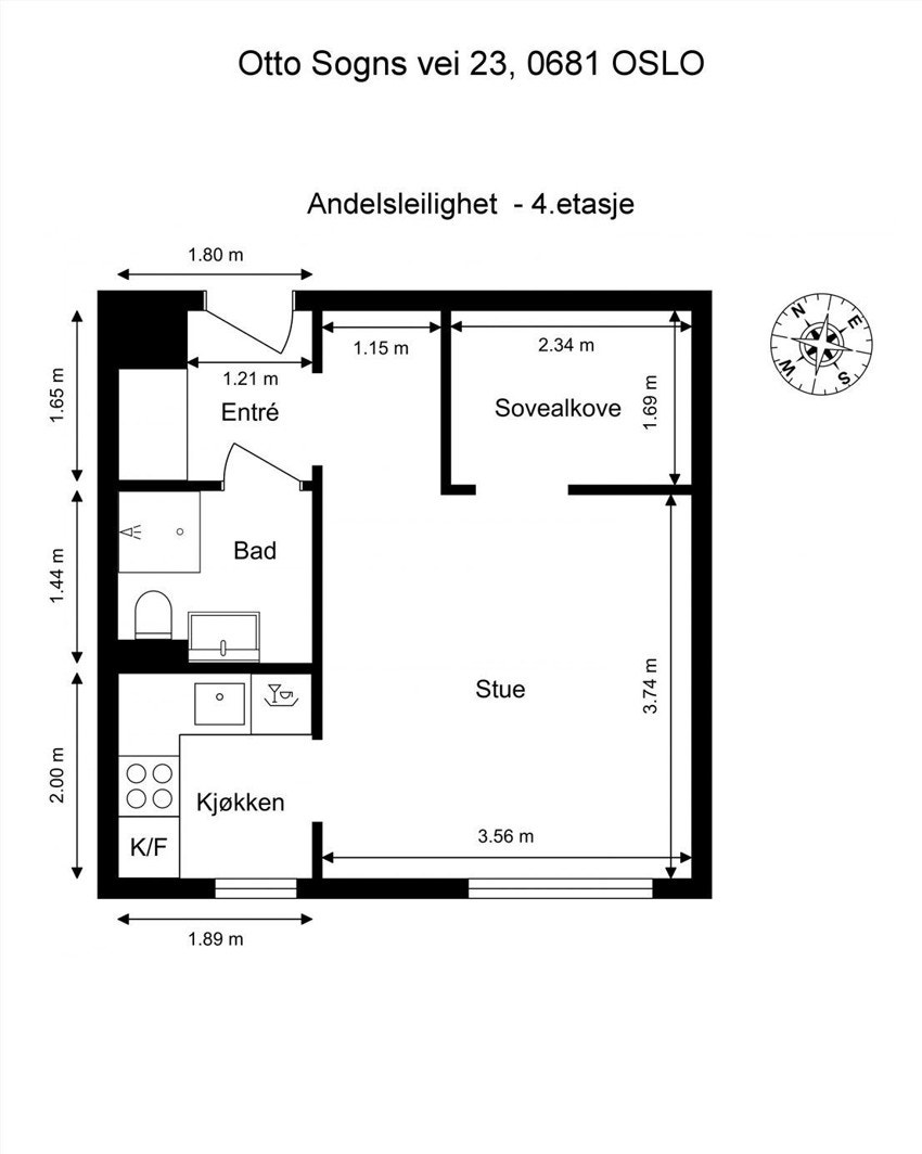 Planskisse. Utover overnevnte areal disponerer leiligheten kjellerbod på 3 m². Galleribilde