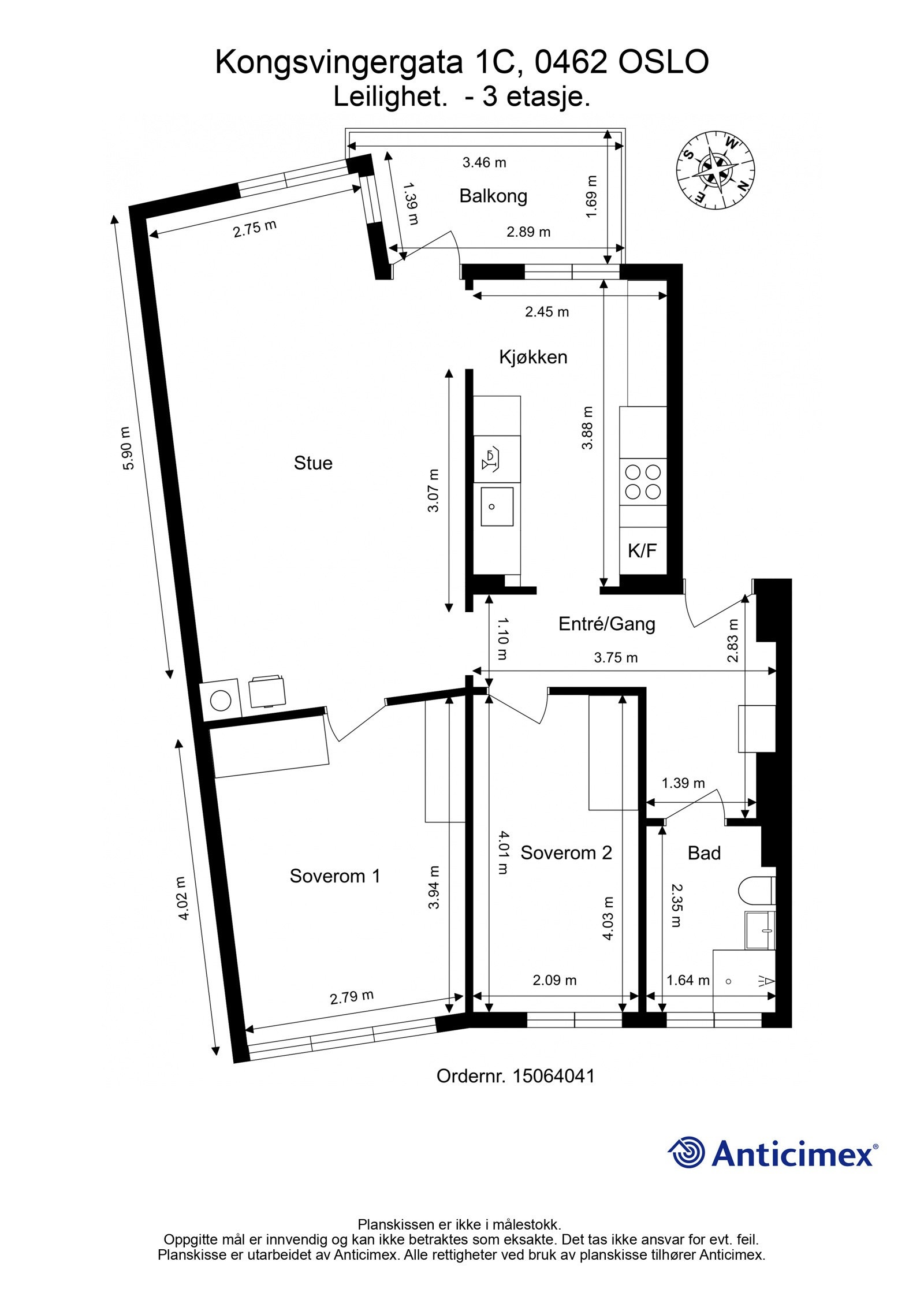 Plantegning. I tillegg disponerer leiligheten to kjellerboder på totalt ca. 8m², samt en loftsbod med gulvareal på ca. 12m². Galleribilde