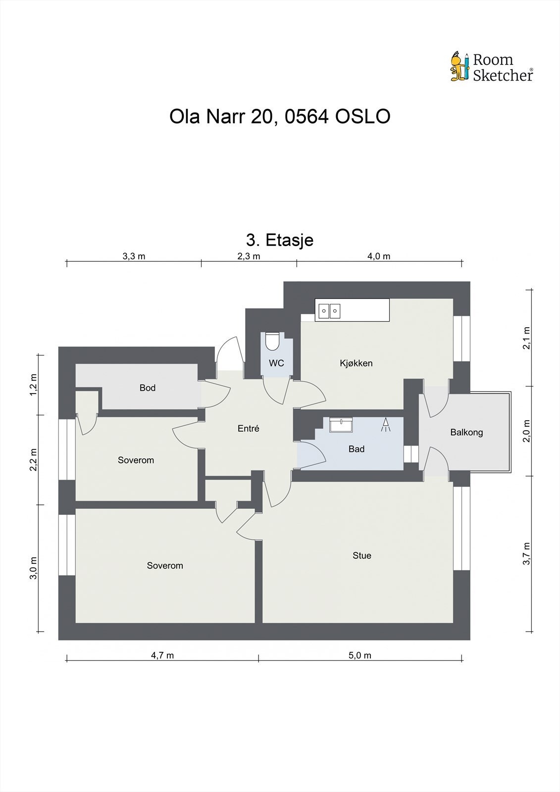 Plantegning - Leiligheten disponerer en bod på loftet og en i kjelleren Galleribilde