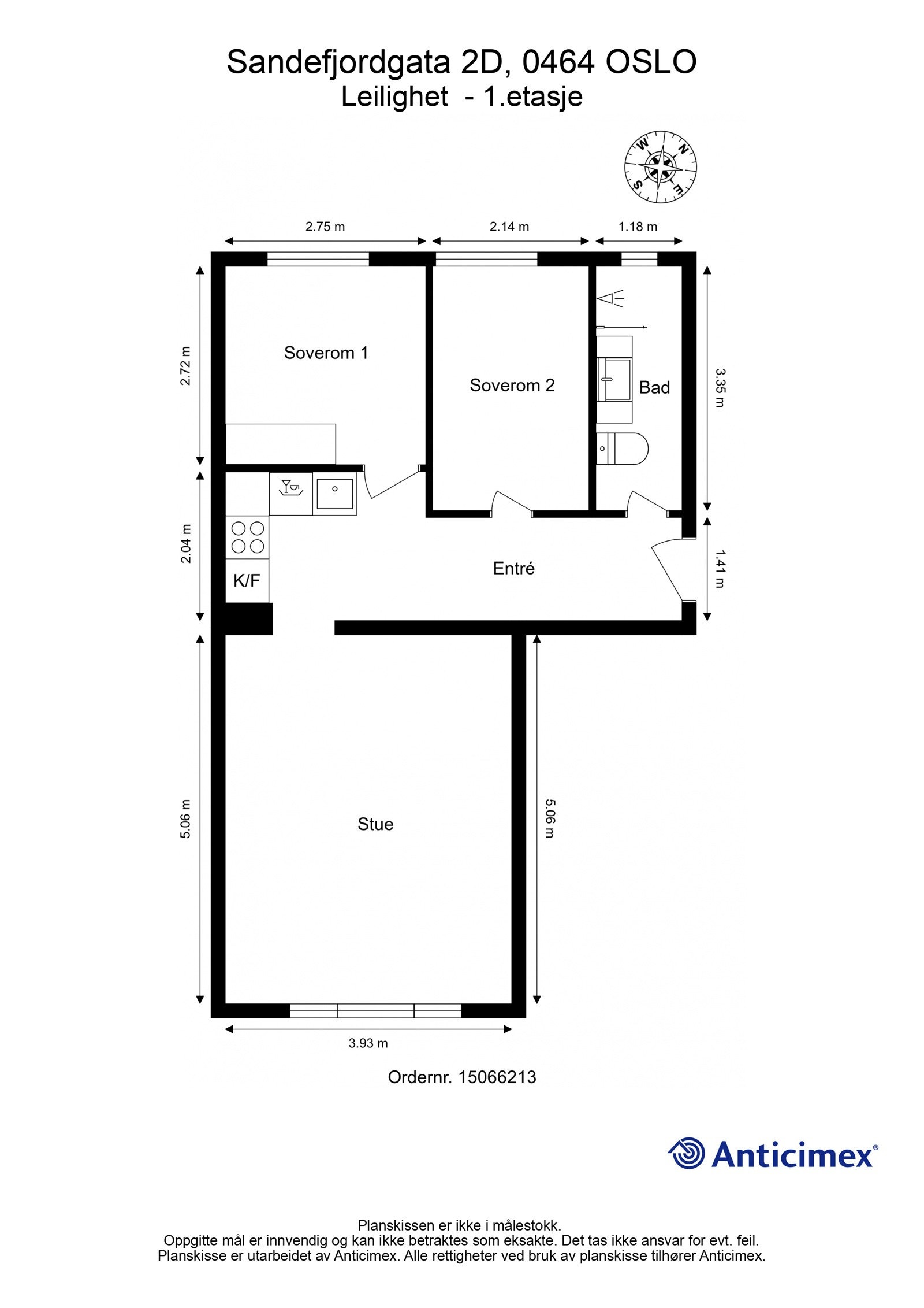 Plantegning. I tillegg disponerer leiligheten 2 boder, en kjellerbod på ca. 3m² og en loftsbod på ca. 5m² i gulvareal. Galleribilde