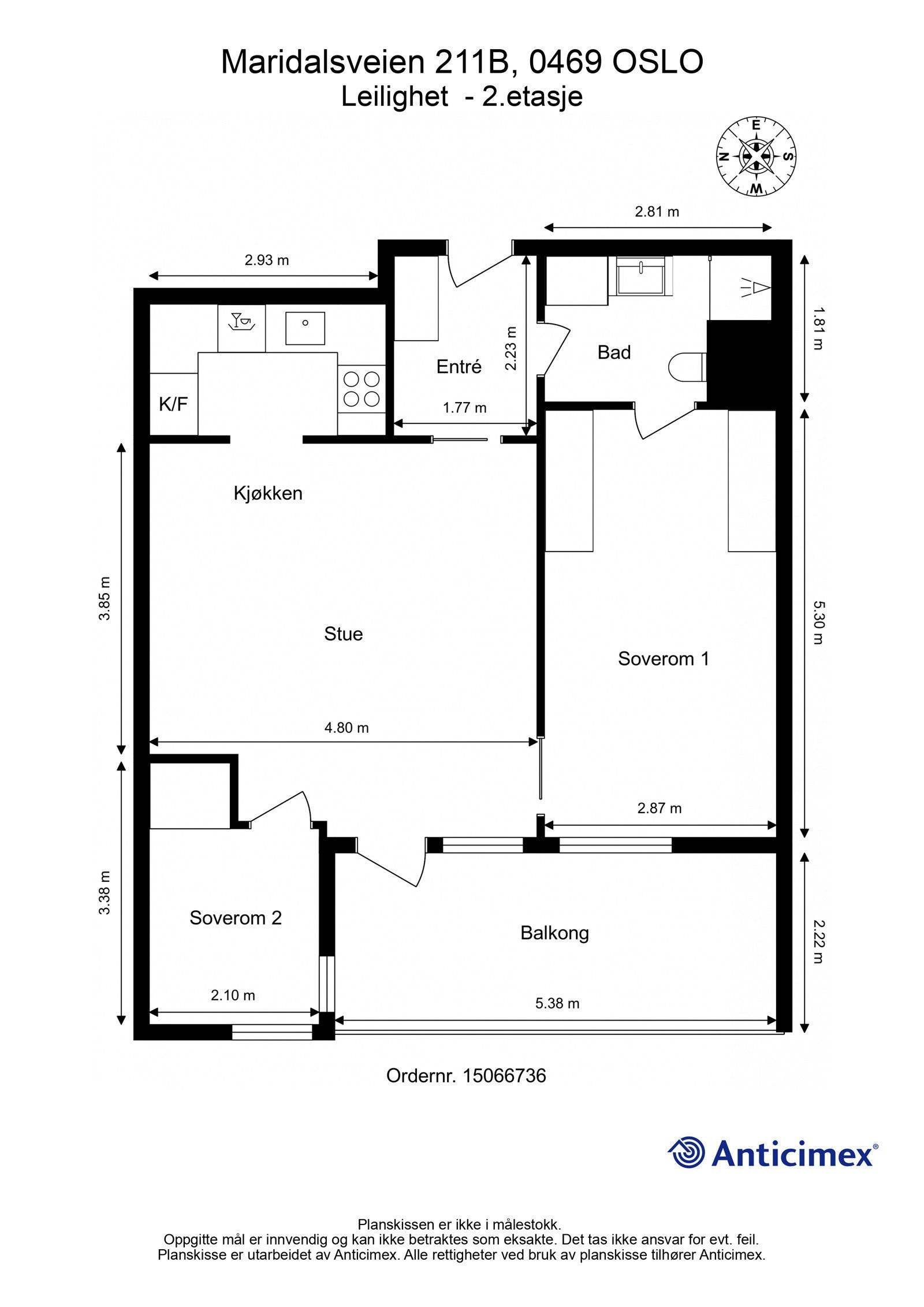 Plantegning. I tillegg disponerer leiligheten en garasjeplass (nr. 03) i felles garasjeanlegg, samt en kjellerbod på ca. 5m². Heis i bygget. Galleribilde
