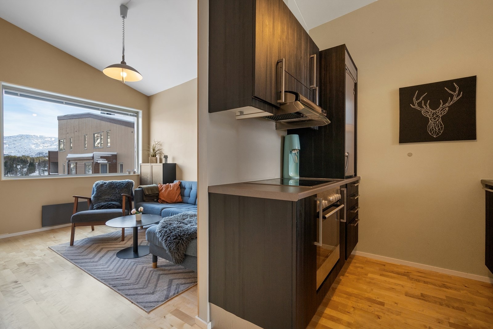 Generøs takhøyde og peis som gir lun stemning på kjøligere dager Galleribilde