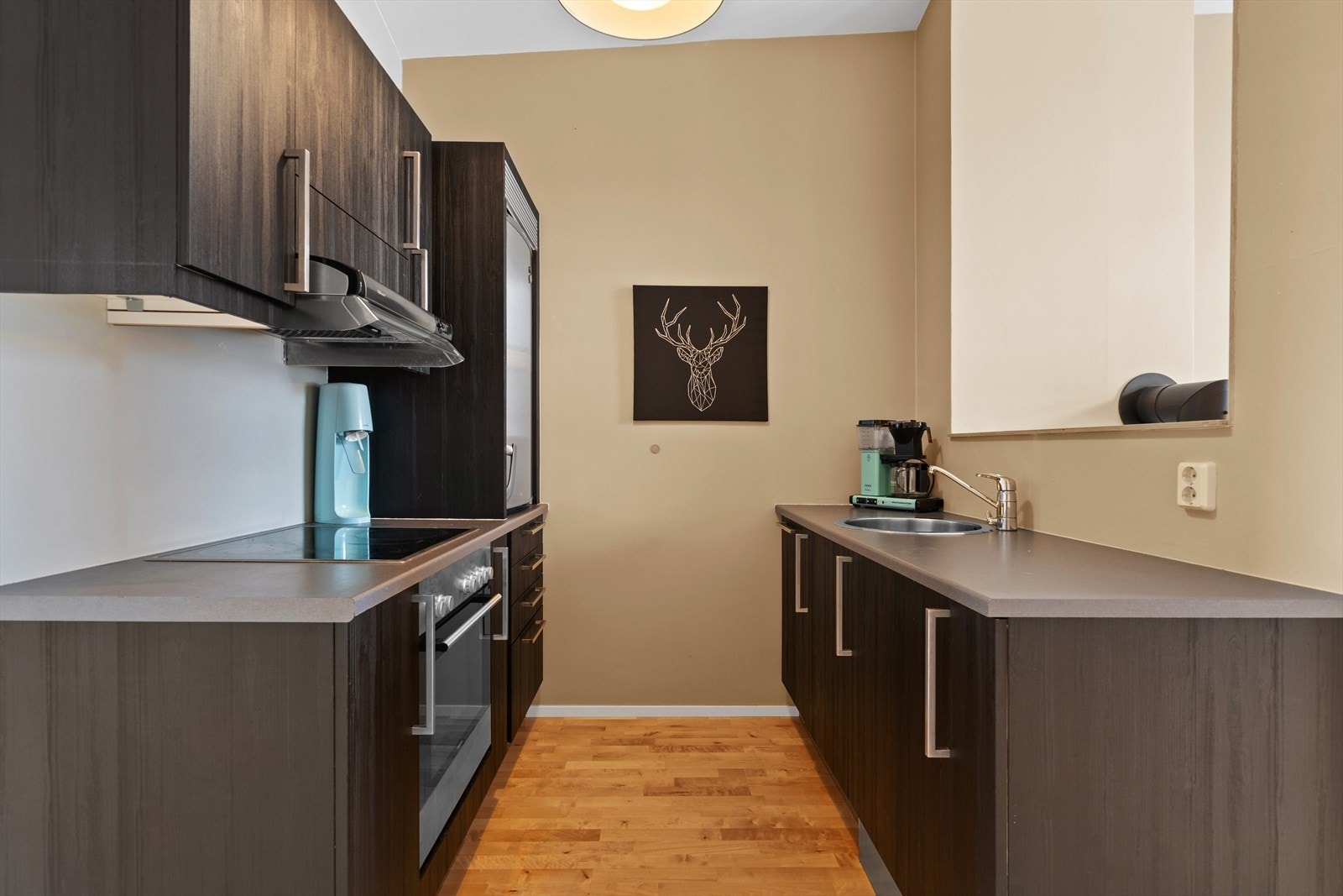 Godt med skap- og benkeplass, samt integrerte hvitevarer som oppvaskmaskin, platetopp og stekeovn. Frittstående kjøleskap. Galleribilde