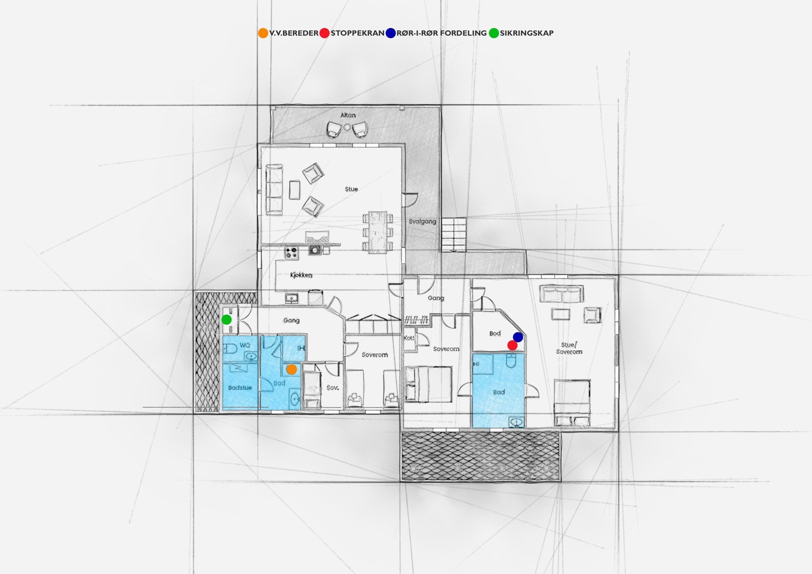 Hovedhytten har et areal på 120 m² på ett plan | Kjelleretasjen er ikke medtatt i dette arealet Galleribilde
