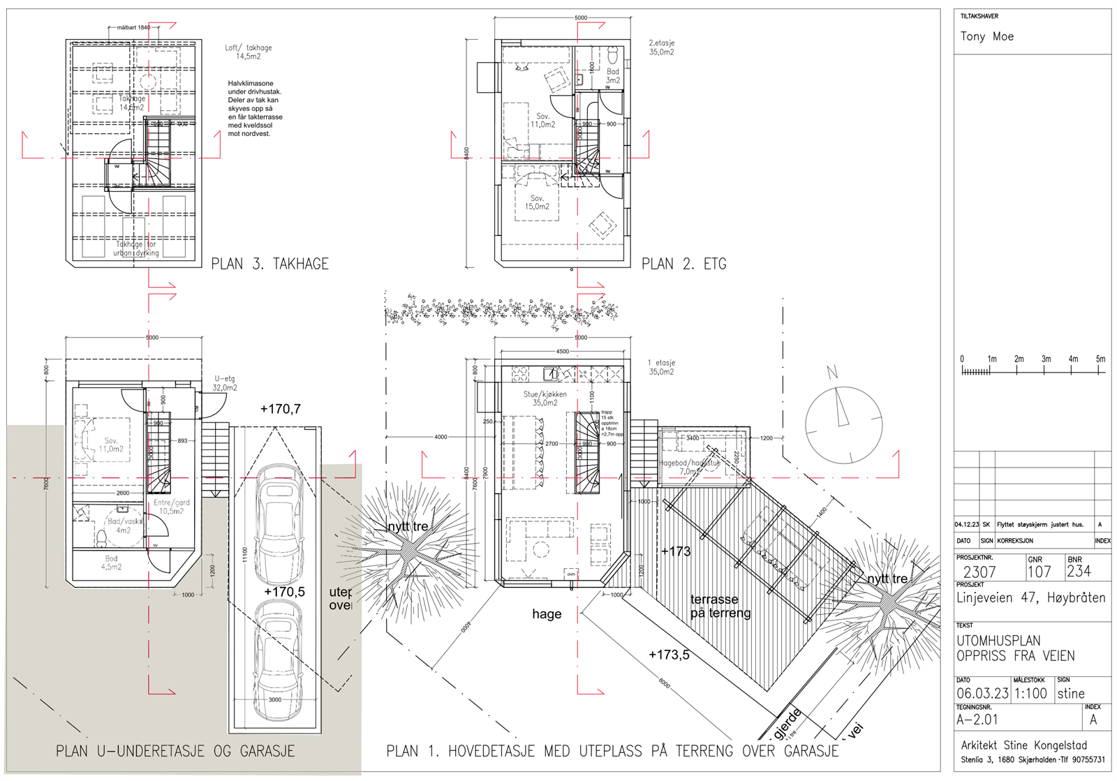 Plantegningen for det nye huset viser tre etasjer. Første etasje inneholder stue og kjøkken med utgang til terrasse. Andre etasje er planlagt til soverom, og tredje etasje har en takhage med skyvbart tak. Galleribilde