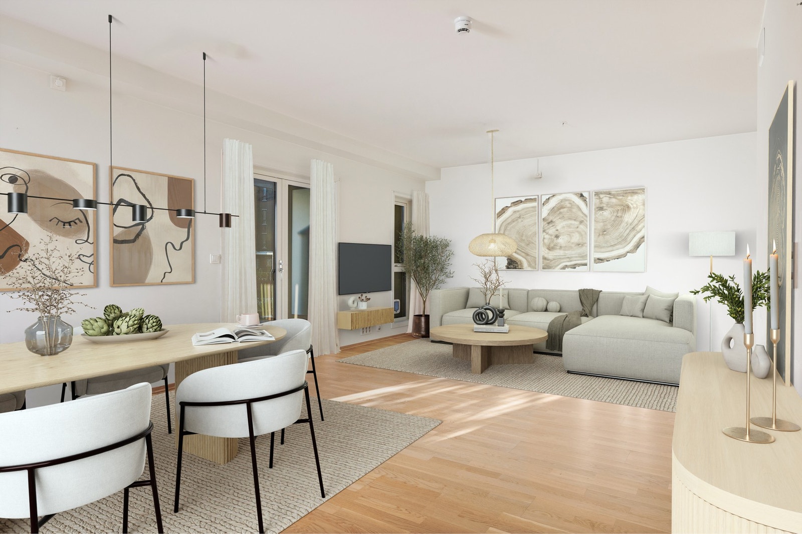 Lys og moderne åpen kjøkken- og stueløsning med utgang til en romslig terrasse. Bildet er digitalt stylet. Galleribilde