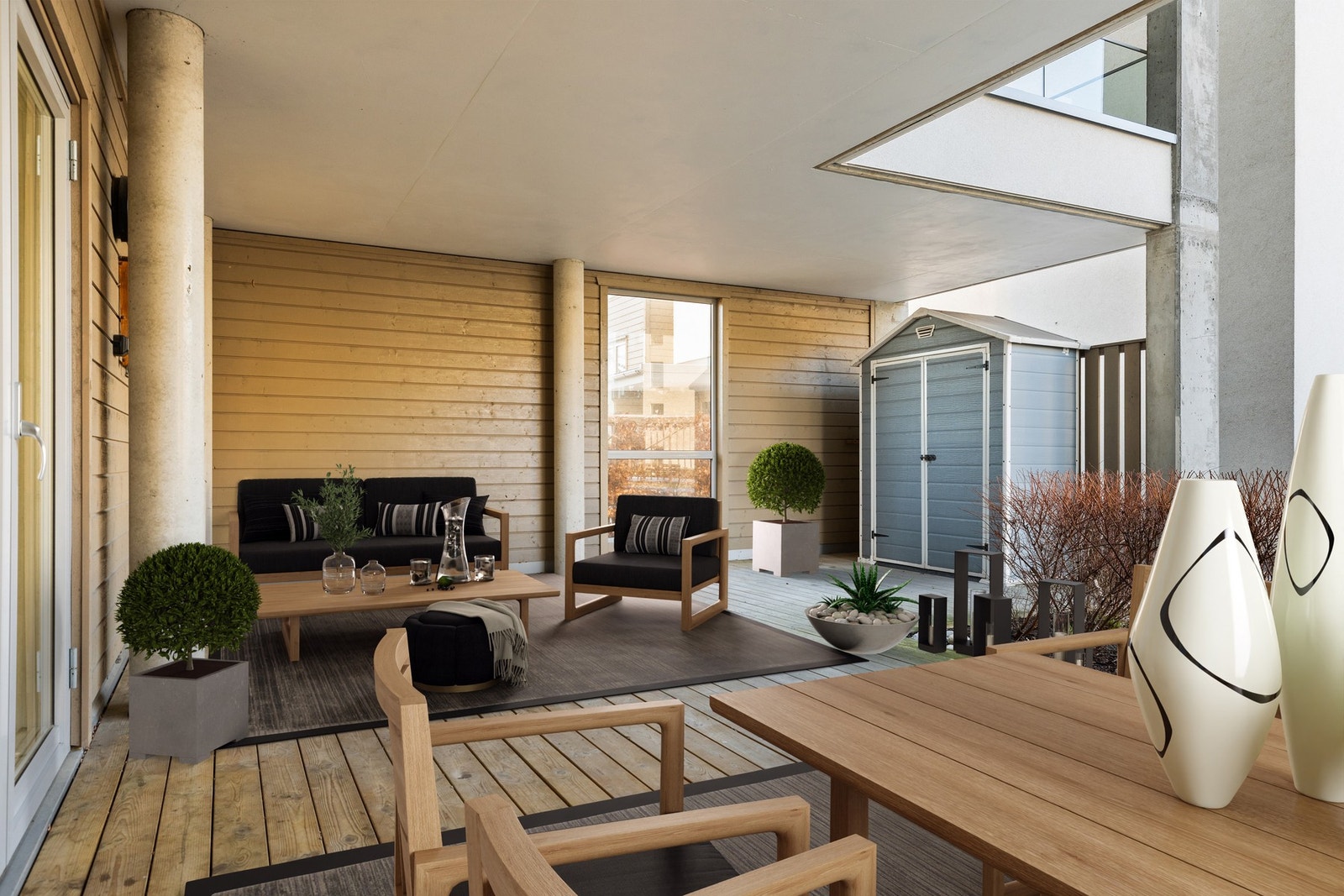 Romslig, overbygget terrasse på ca. 30 m². Bildet er digitalt stylet. Galleribilde