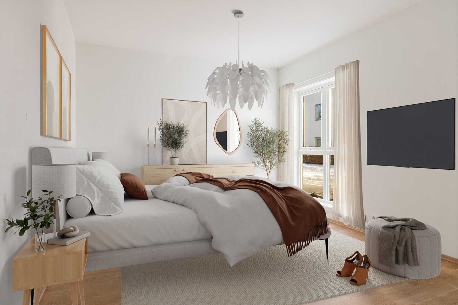 Leiligheten har to romslige soverom, begge med garderobeskap. Bildet er digitalt stylet. Galleribilde