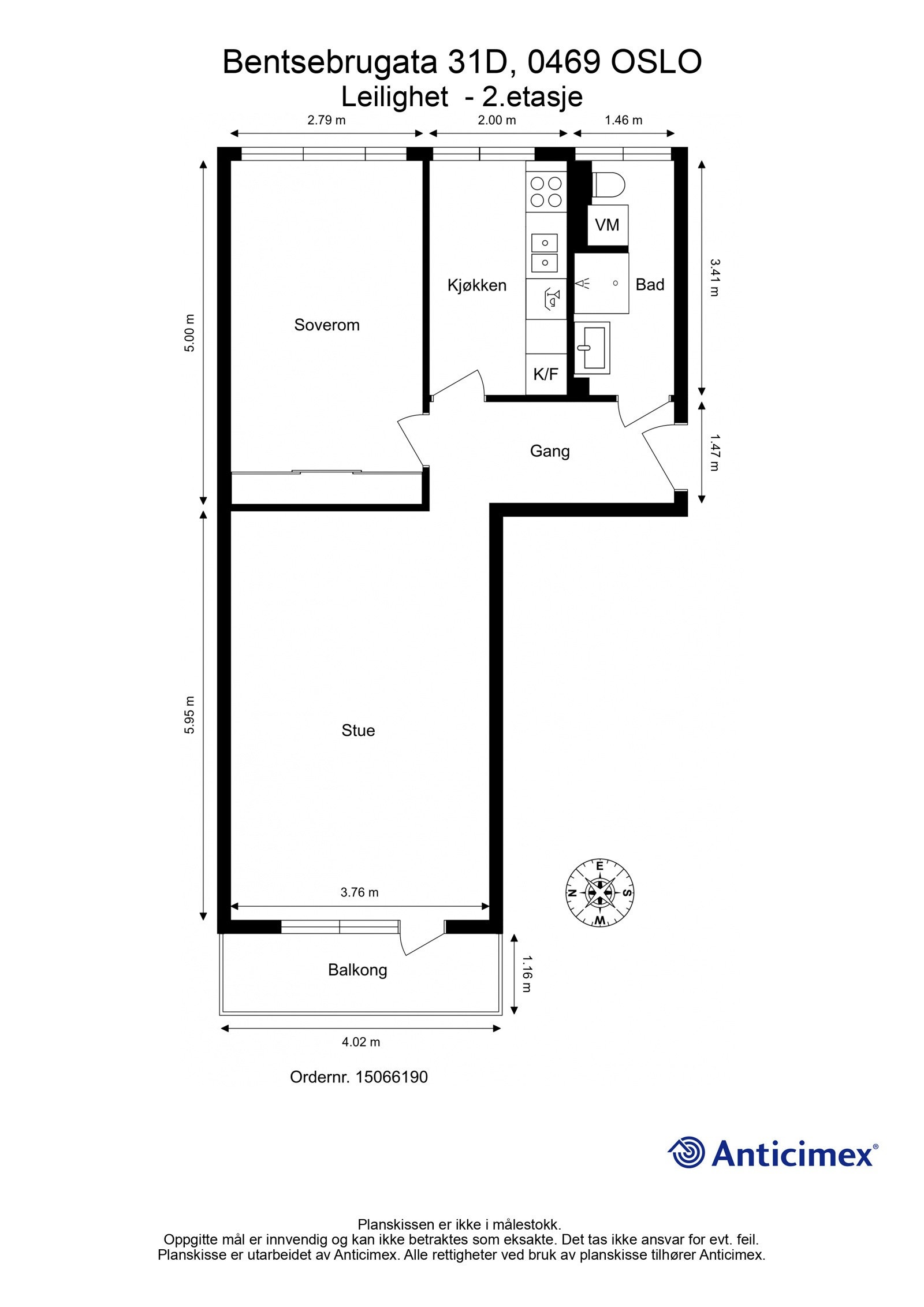 Plantegning. I tillegg disponerer leiligheten 2 boder, en kjellerbod på ca. 1m² og en loftsbod med gulvareal på ca. 8m². Galleribilde