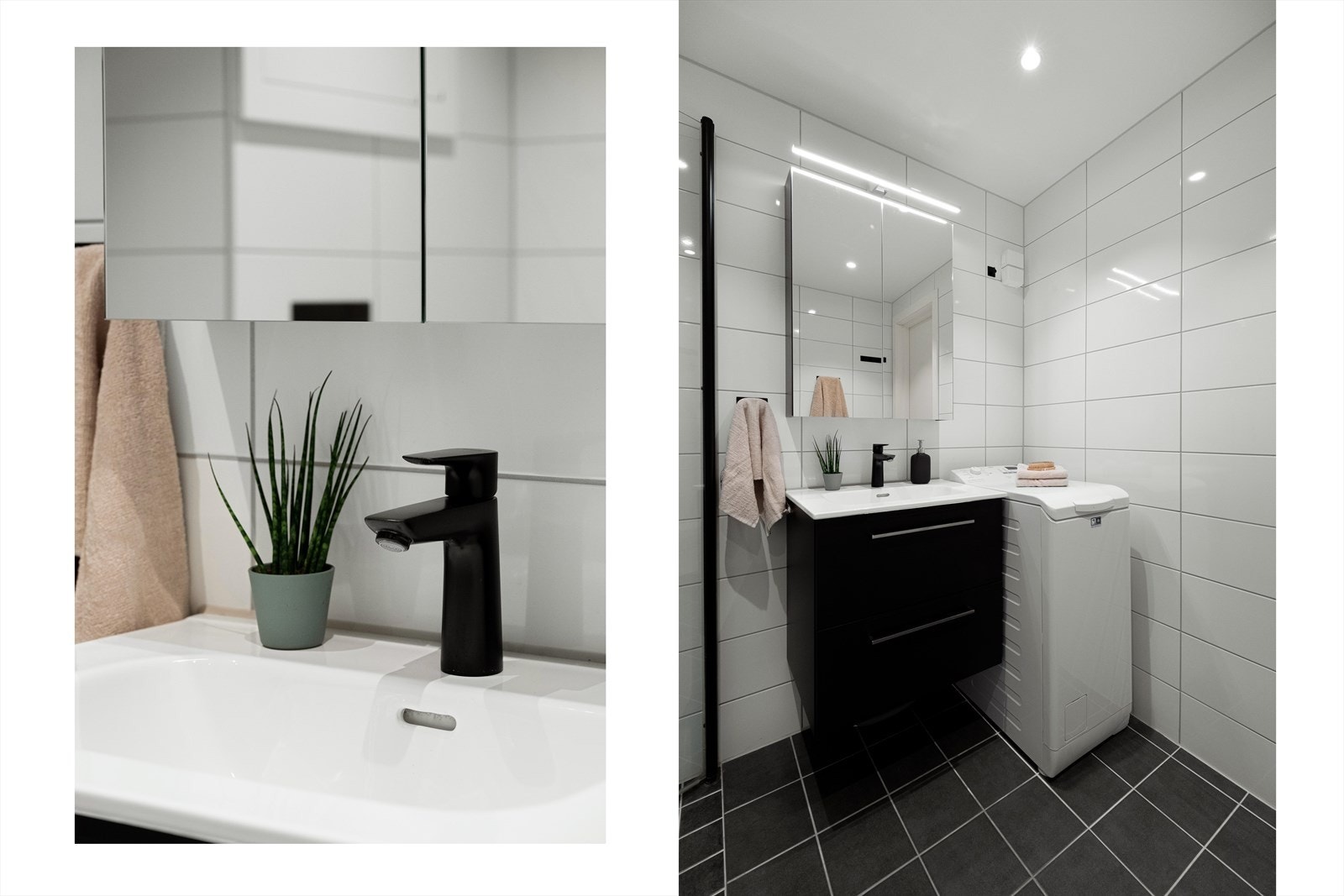 Sort baderomsinnredning med heldekkende sevant på underskap og speil med belysning over. Galleribilde