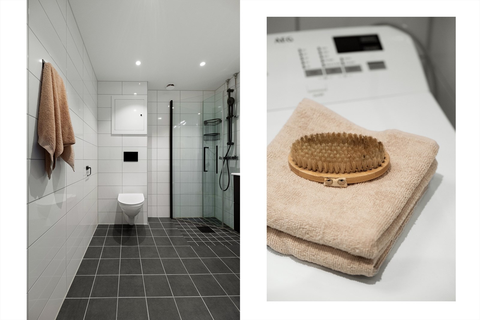 Det er ellers installasjoner med vegghengt toalett, dusjhjørne med innfellbare glassdører og opplegg for vaskemaskin. Galleribilde