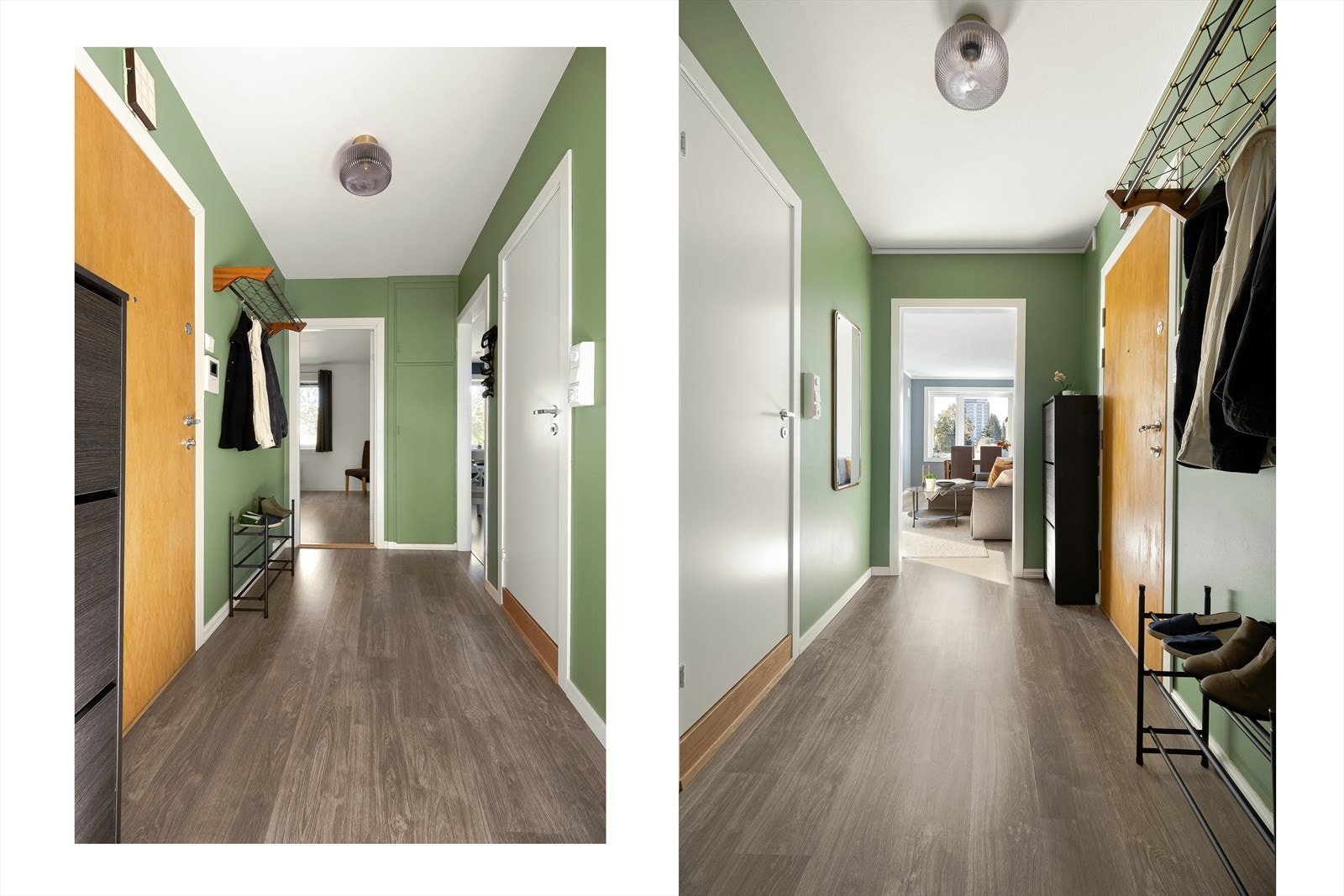 Romslig entrè/gang med god plass til oppbevaring av yttertøy og sko. Fra gangen er det direkte adkomst til soverommet, baderommet, stue og kjøkken. Galleribilde