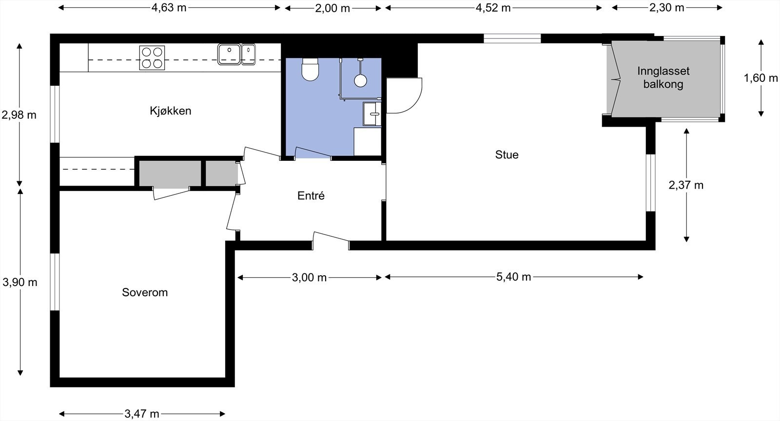 Leiligheten ligger i 2. etasje og inneholder entré, bad, kjøkken, soverom og stue med utgang til innglasset balkong. I tillegg disponerer leiligheten 2 kjellerboder på til sammen 5m². Galleribilde
