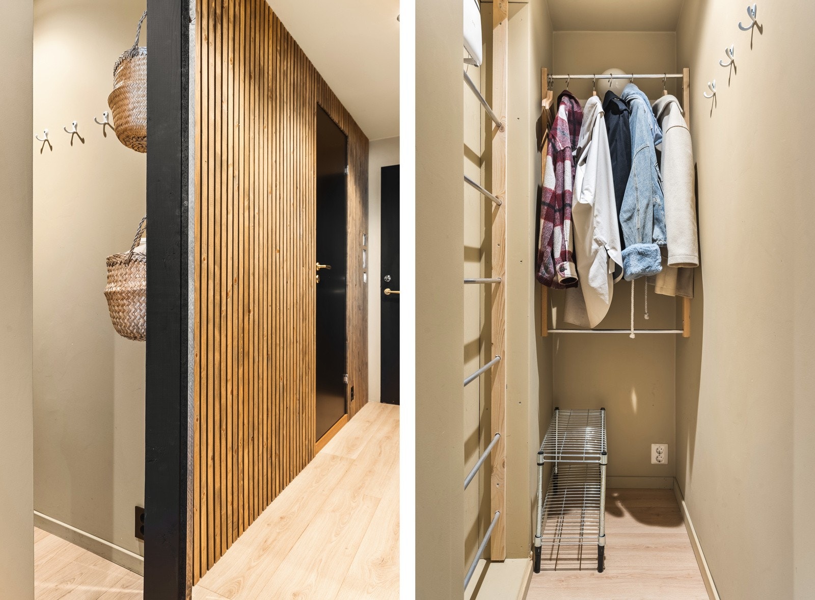 Den ene veggen i entréen har spiler som bidrar til det sjarmerende preget. Fra entréen er det også tilgang til garderoben. Galleribilde