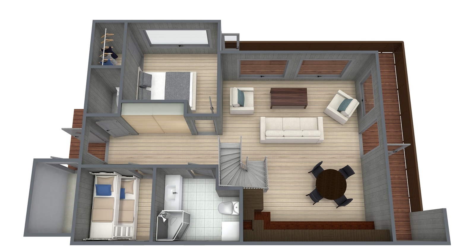Praktisk planløsning Stue og hovedsoverom med panoramautsikt.
Egen gapahuk på terrassen. Galleribilde