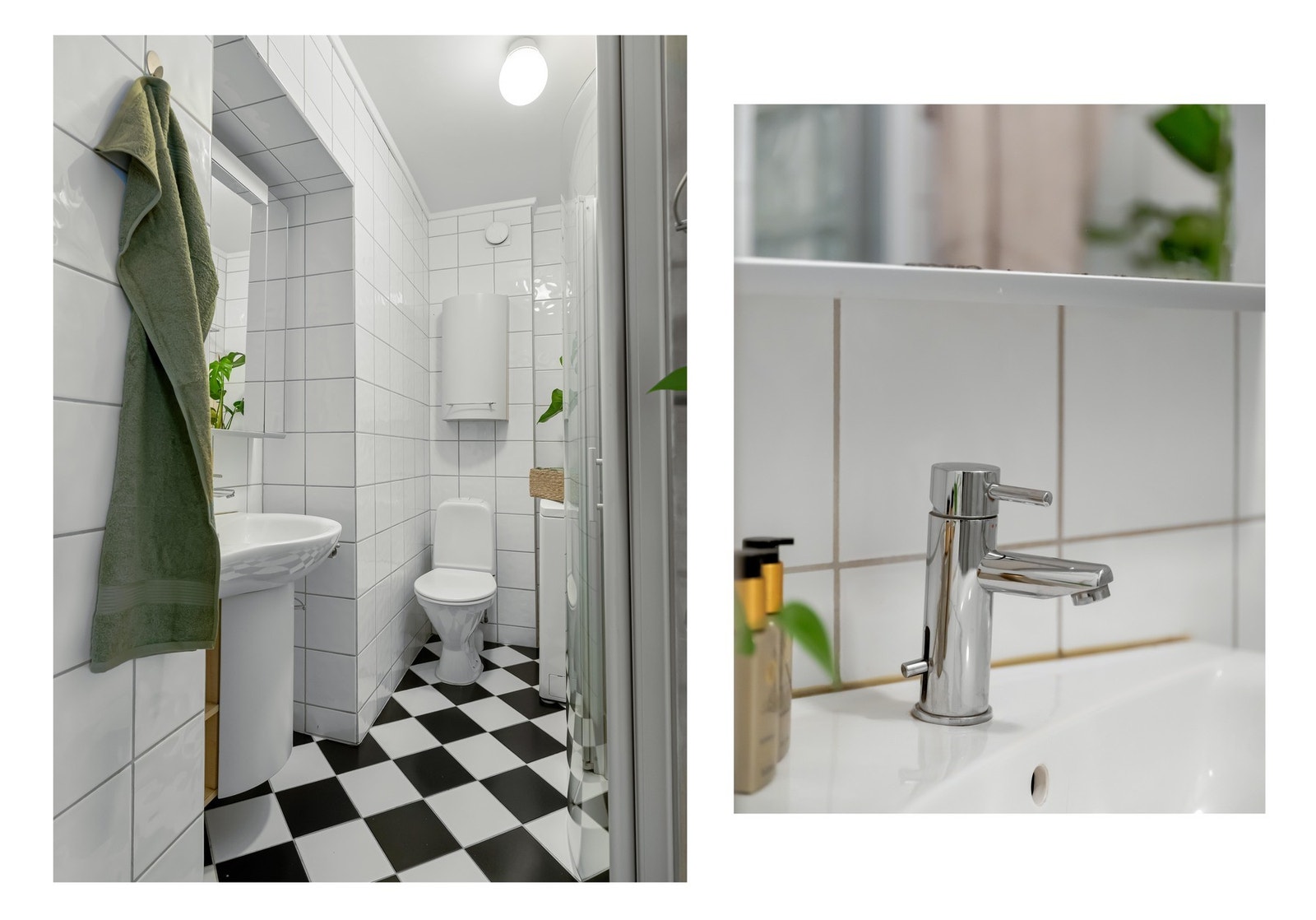 Her får du plass til smal vaskemaskin, dusj med innfellbare dører, servant med underskap, samt flere veggskap til ytterligere oppbevaring. Galleribilde