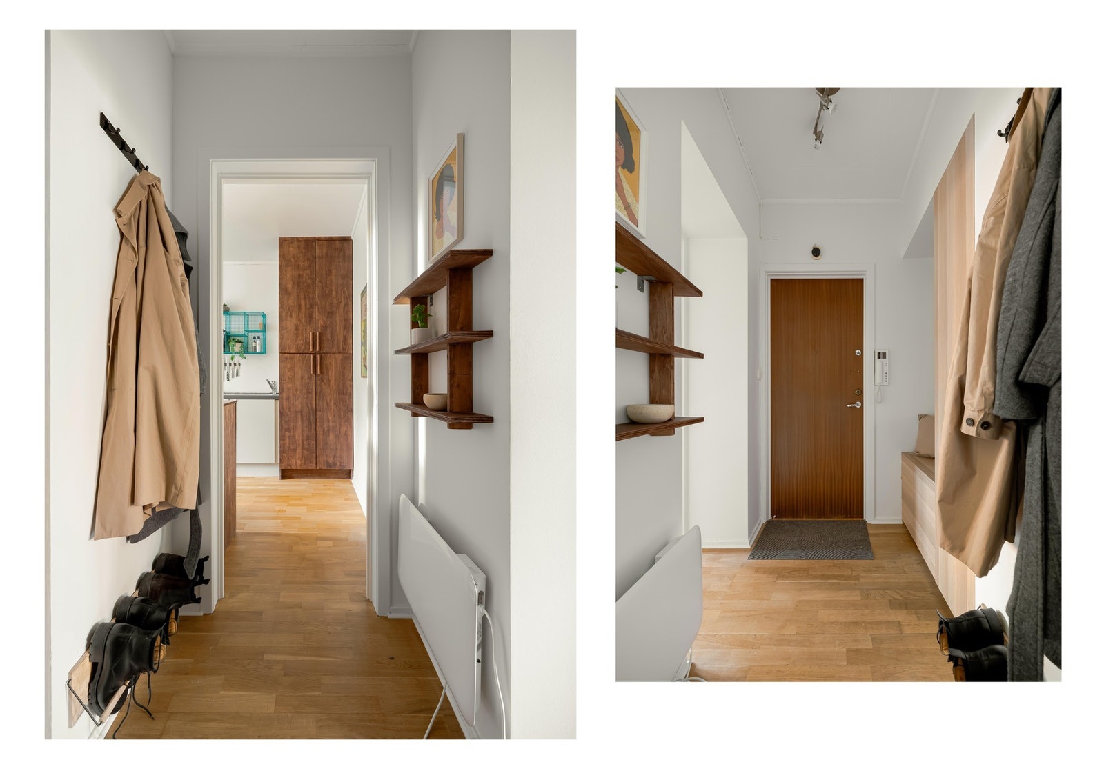 Velkommen hjem! Det er praktisk oppbevaring i garderobe og benk. Galleribilde