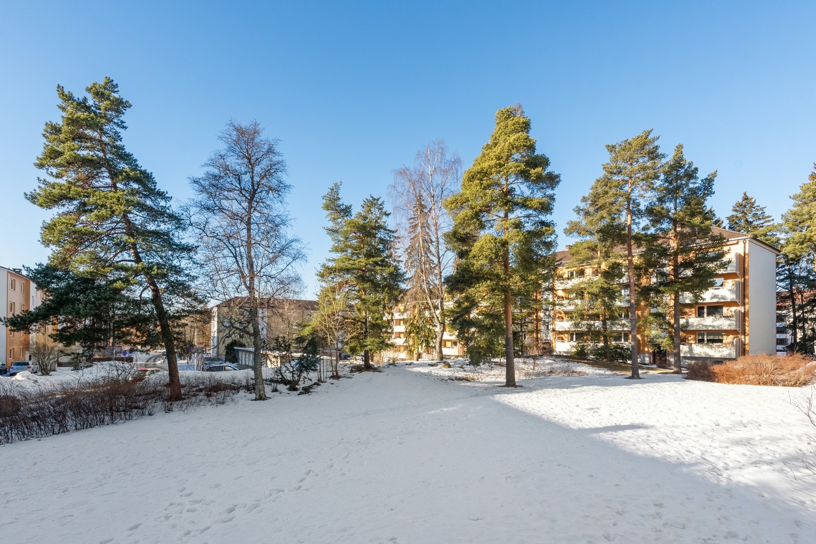 Utsikt fra balkong mot nærområdet bestående av stor grøntarealer. Galleribilde