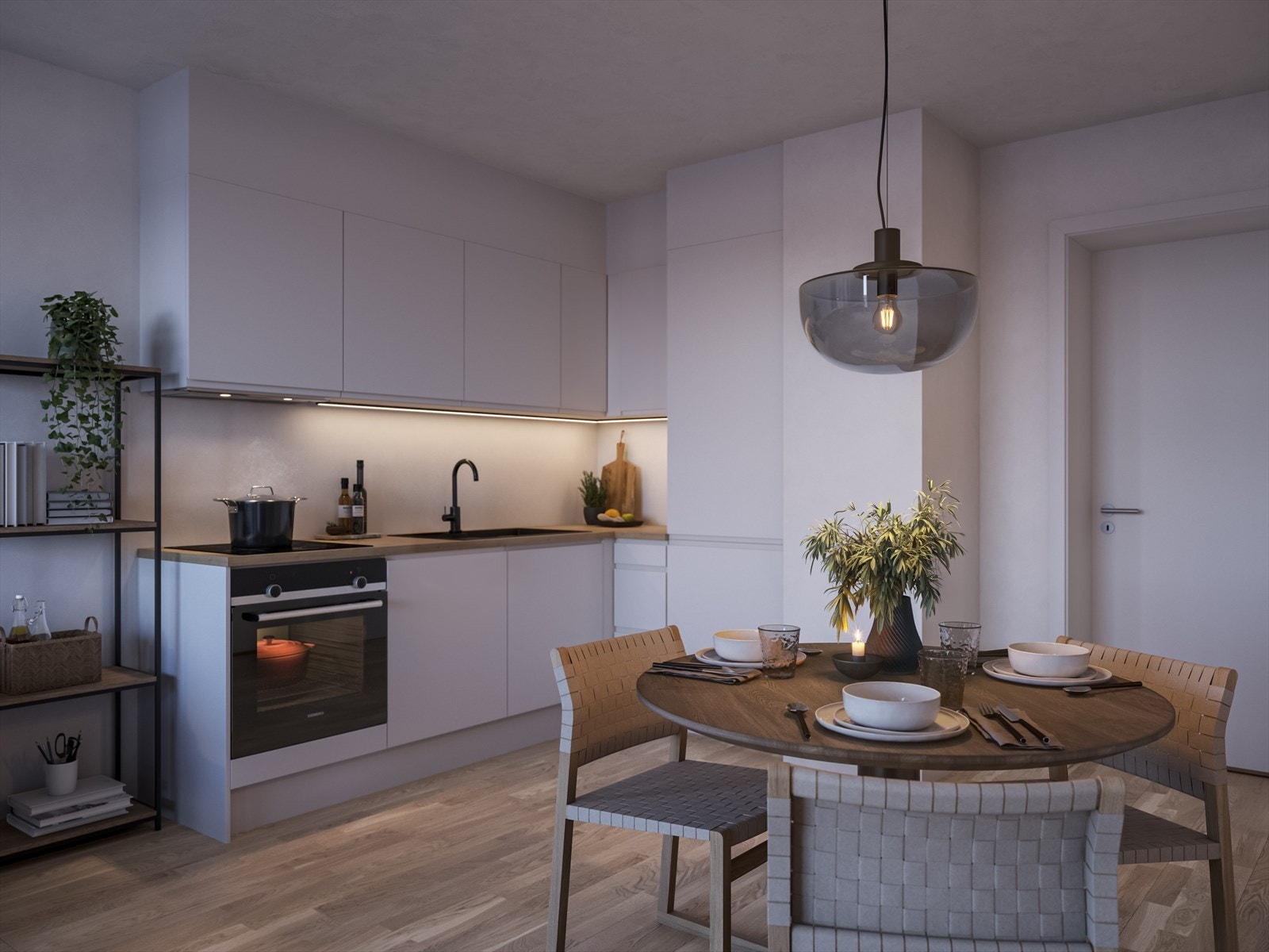 Alle leiligheter får moderne kjøkken med integrerte hvitevarer. Leiligheten har også fjernvarme, som er inkludert i felleskostnadene. Galleribilde