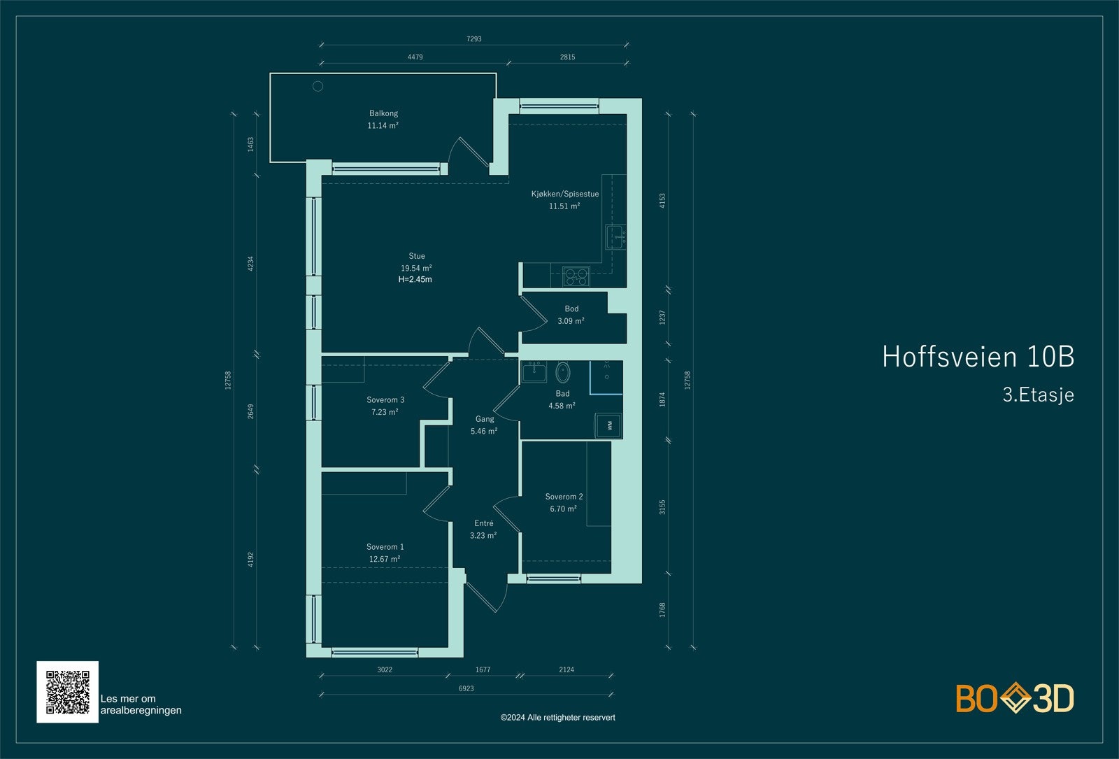 Leilighetens planløsning - i tillegg er det ekstern bod i etasjen under Galleribilde