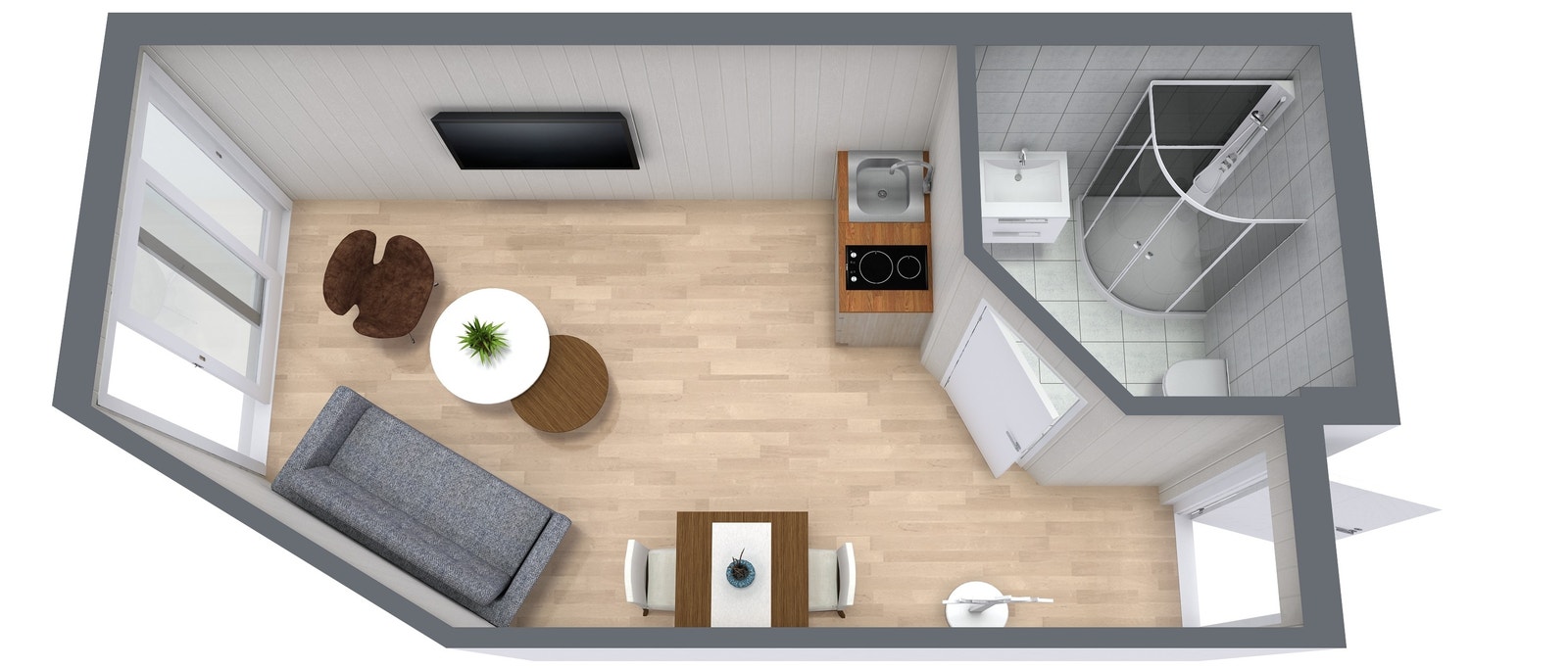 Suiten har eget flislagt bad, kjøkkenkrok og kombinert stue/sov. Foldedør gir ute/innefølelse. Galleribilde