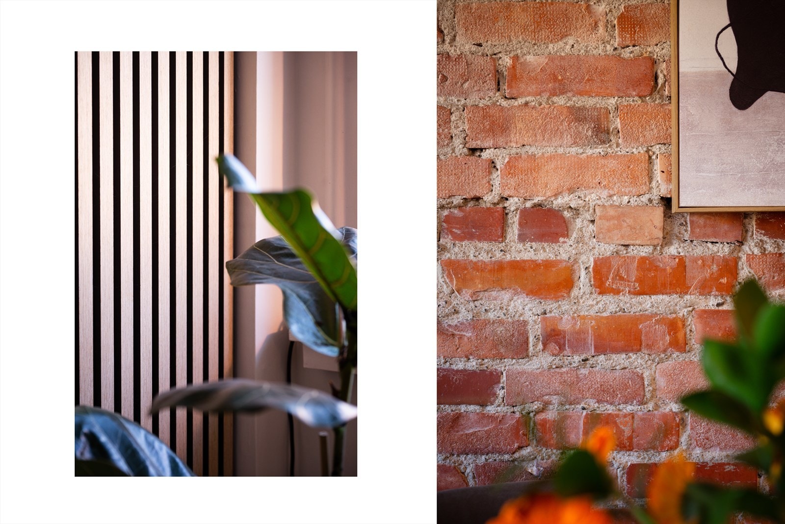 Boligen har fine detaljer som teglsteins- og spilevegg. Galleribilde