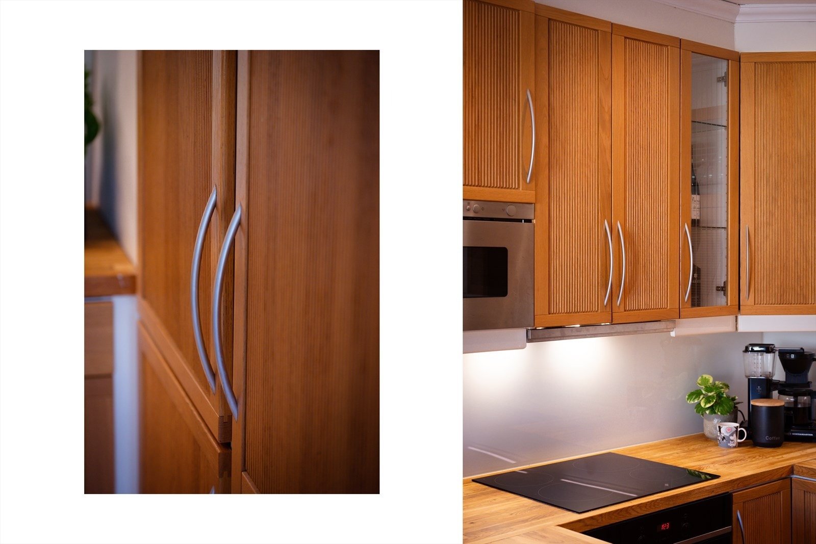 Heltre benkeplate med nedfelt vaskekum, splashboard og belysning over benkeplaten. Galleribilde