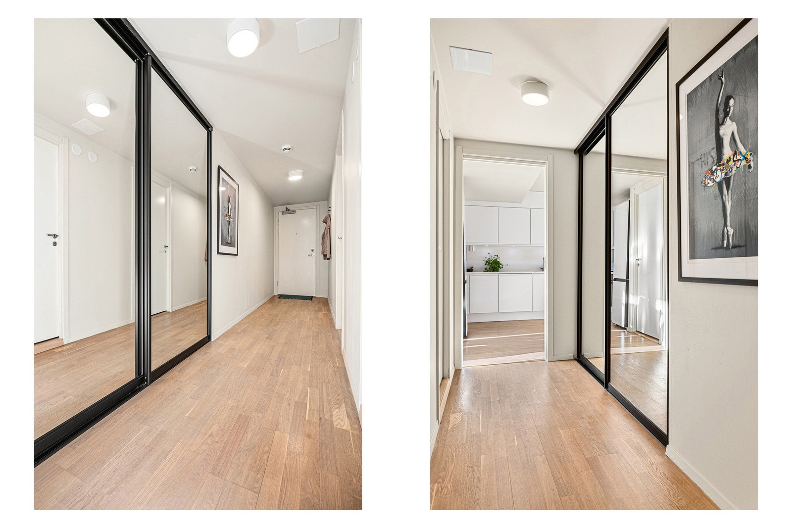 Romslig og innbydende entré med stor og moderne skyvedørsgarderobe som gir god lagringsplass. Galleribilde