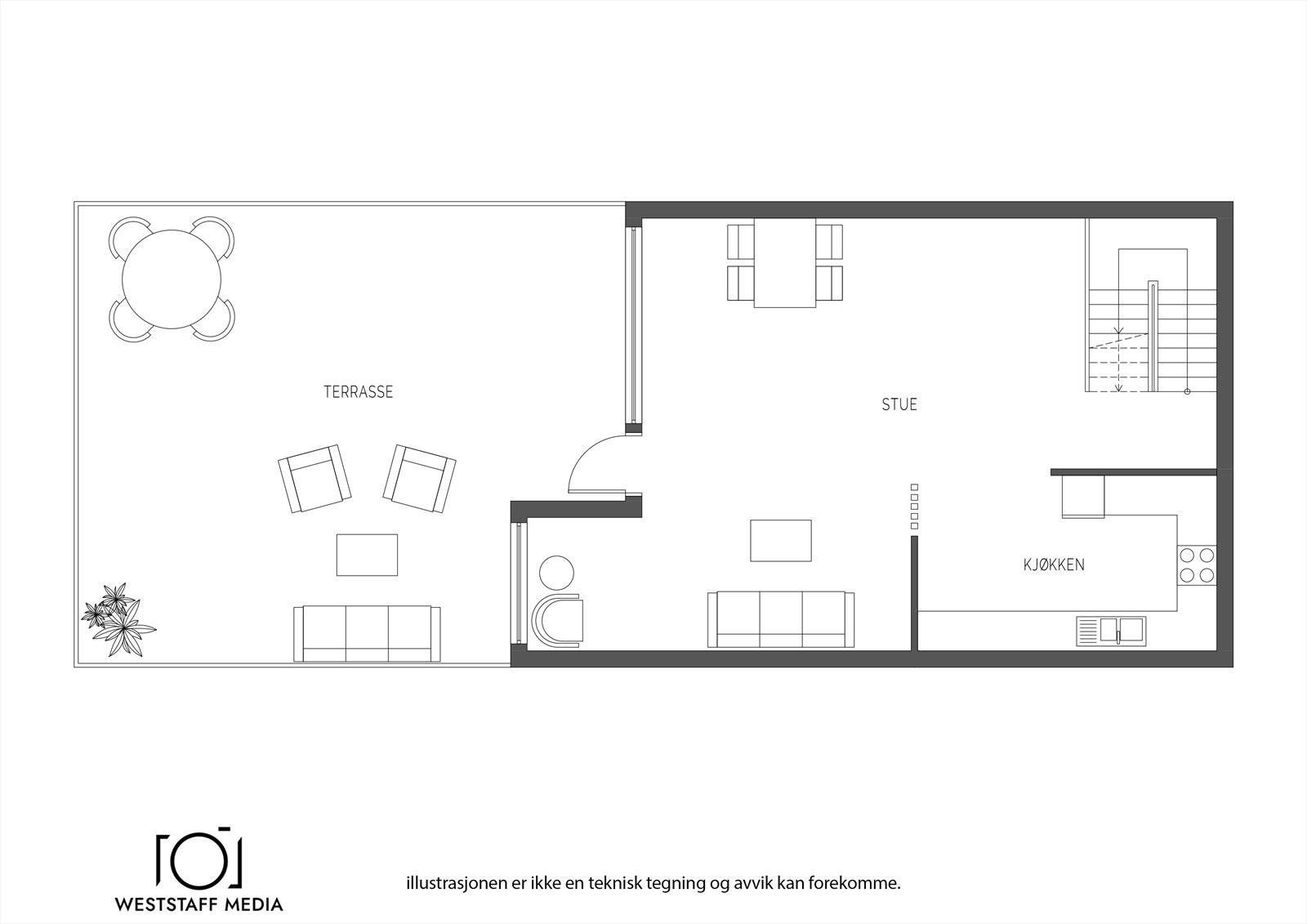 Planskisse hovedplan (5.etasje i bygget, 2.etasje i leiligheten) Galleribilde