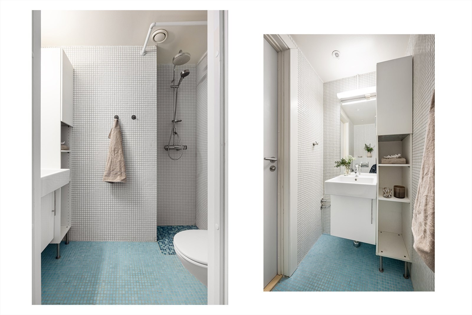 Bad med flislagte overflater, elektriske varmekabler og belysning med spotter. Badet inneholder dusjhjørne med innfellbare dører i glass, vegghengt toalett og baderomsinnredning. Galleribilde