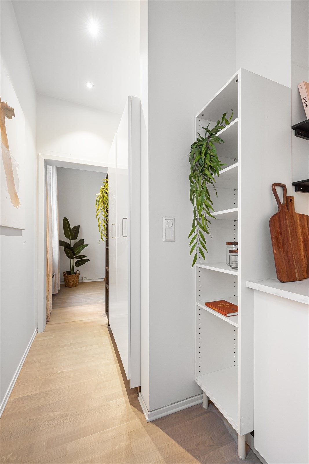 Det er ekstra skapplass i mellomgangen mellom kjøkkenet og stuen. Galleribilde