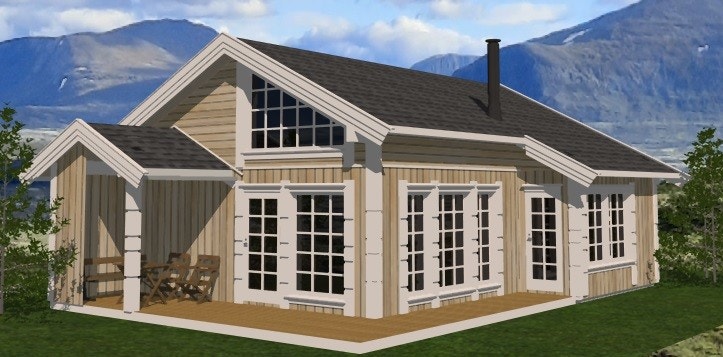 Hytta kan også leveres i mørkere farger. Dette er kun illustrasjon. Kan også leveres mer moderne med glatte stolper og uten ruter på vinduene. Galleribilde