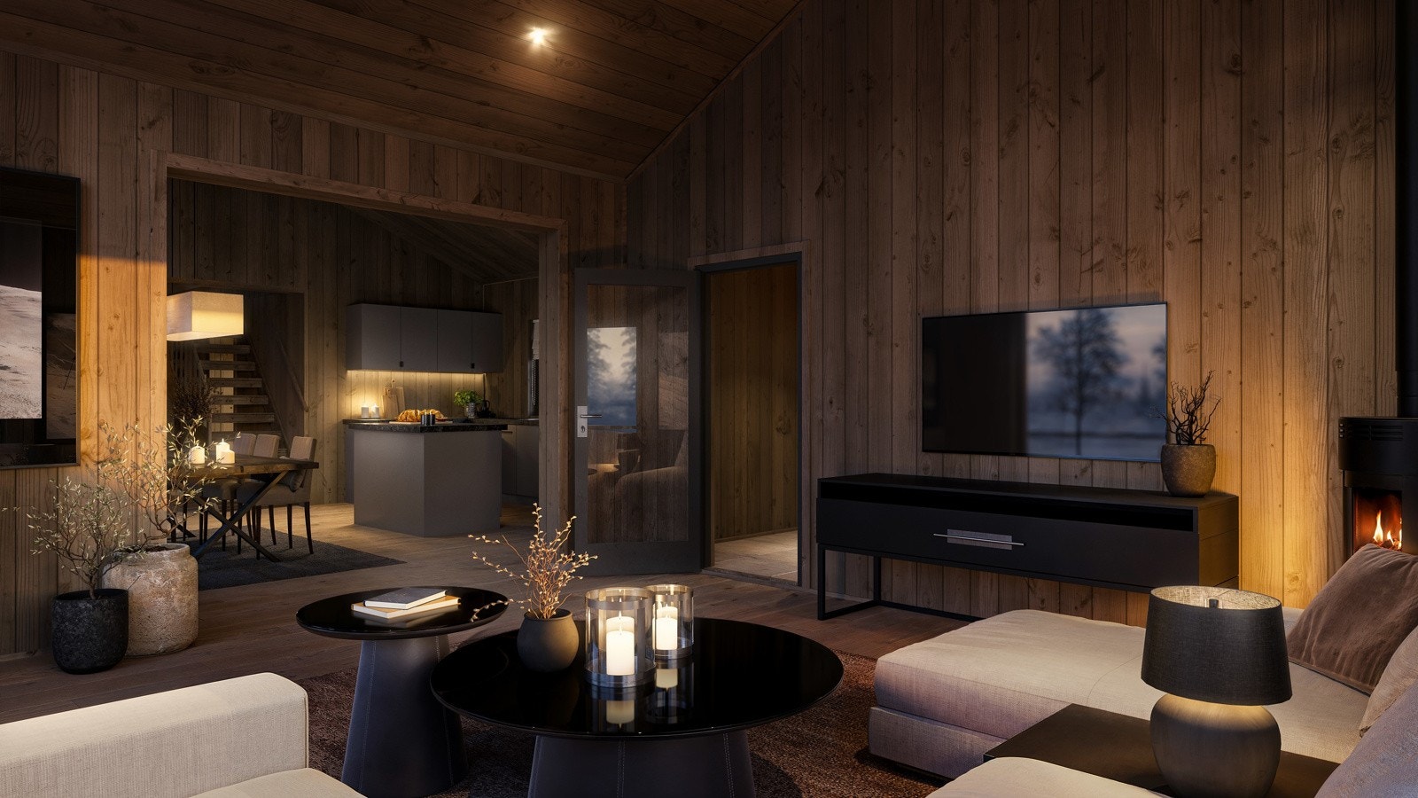 God planløsning med stor takhøyde i stue og kjøkken Galleribilde