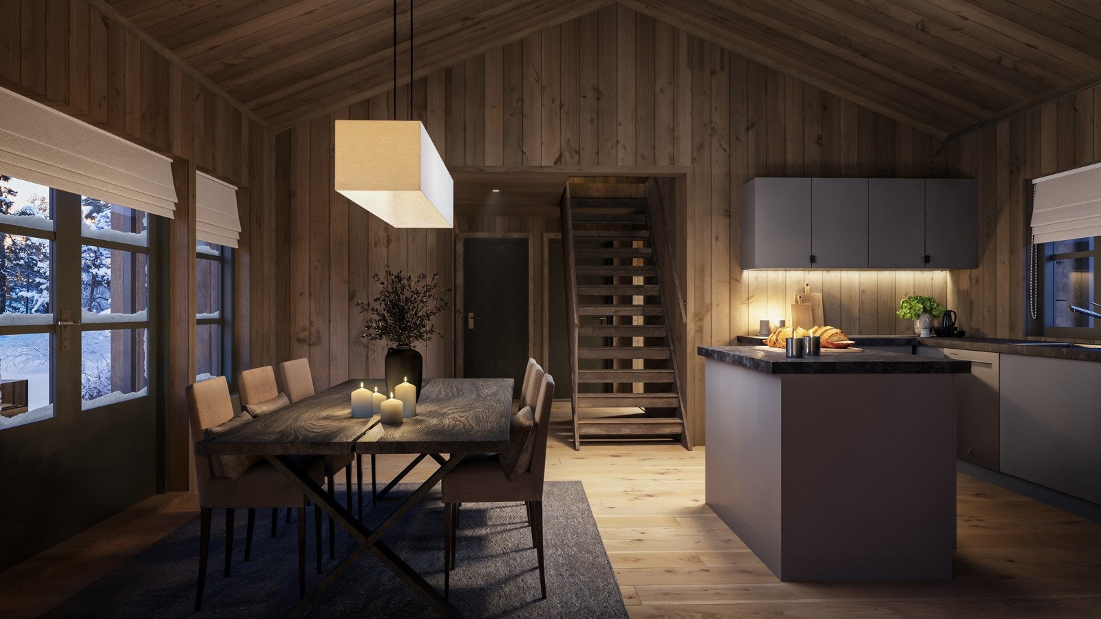 Hytten har et svært romslig kjøkken med god plass til et stort spisebord for familie og venner. Galleribilde