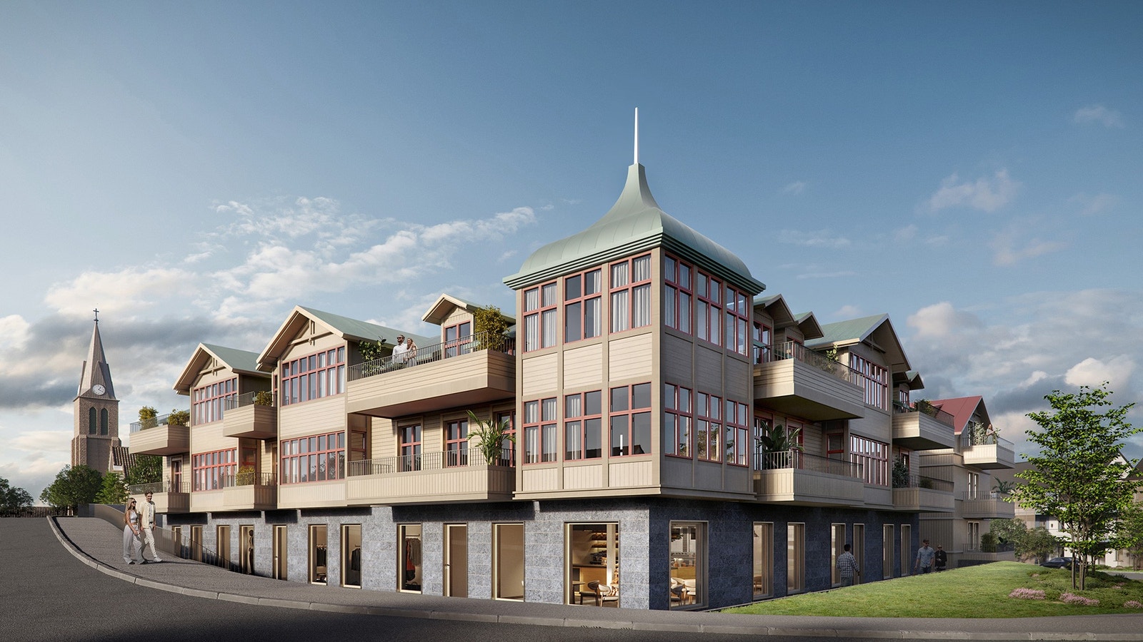 Granitgrund, stående och liggande träpanel, glasade burspråk och höga flaggfönster är bara några ledord för dessa vackra byggnader. Galleribilde